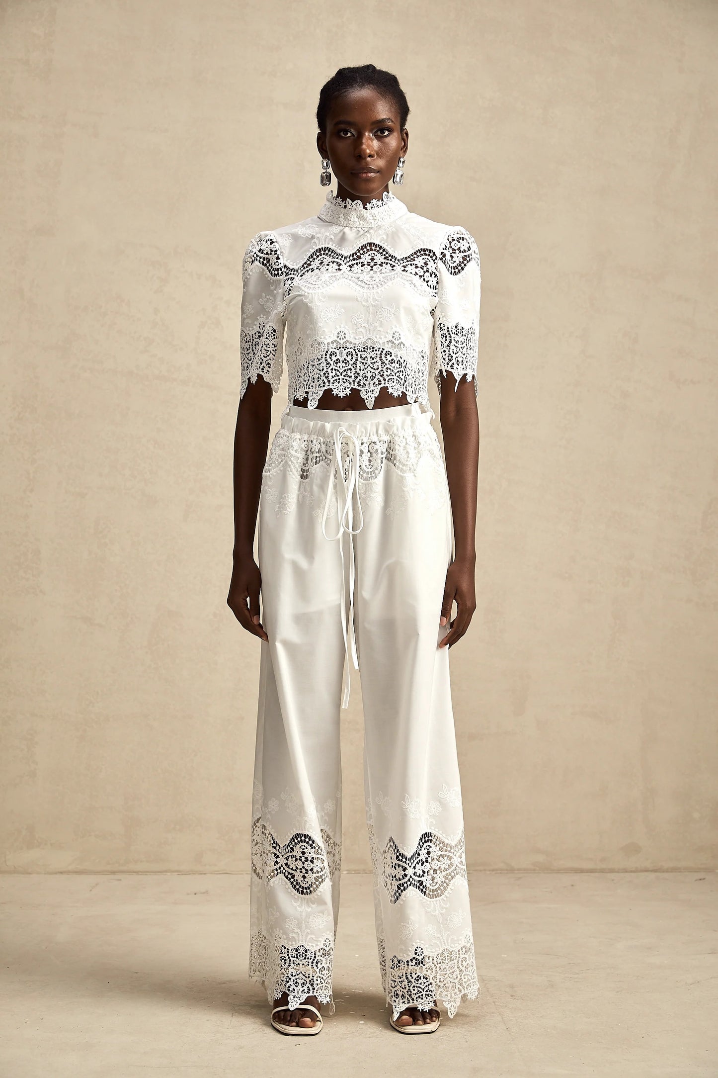 Raphaelle Lace-Trim Cut-Out Cropped Top & Trousers Matching Set