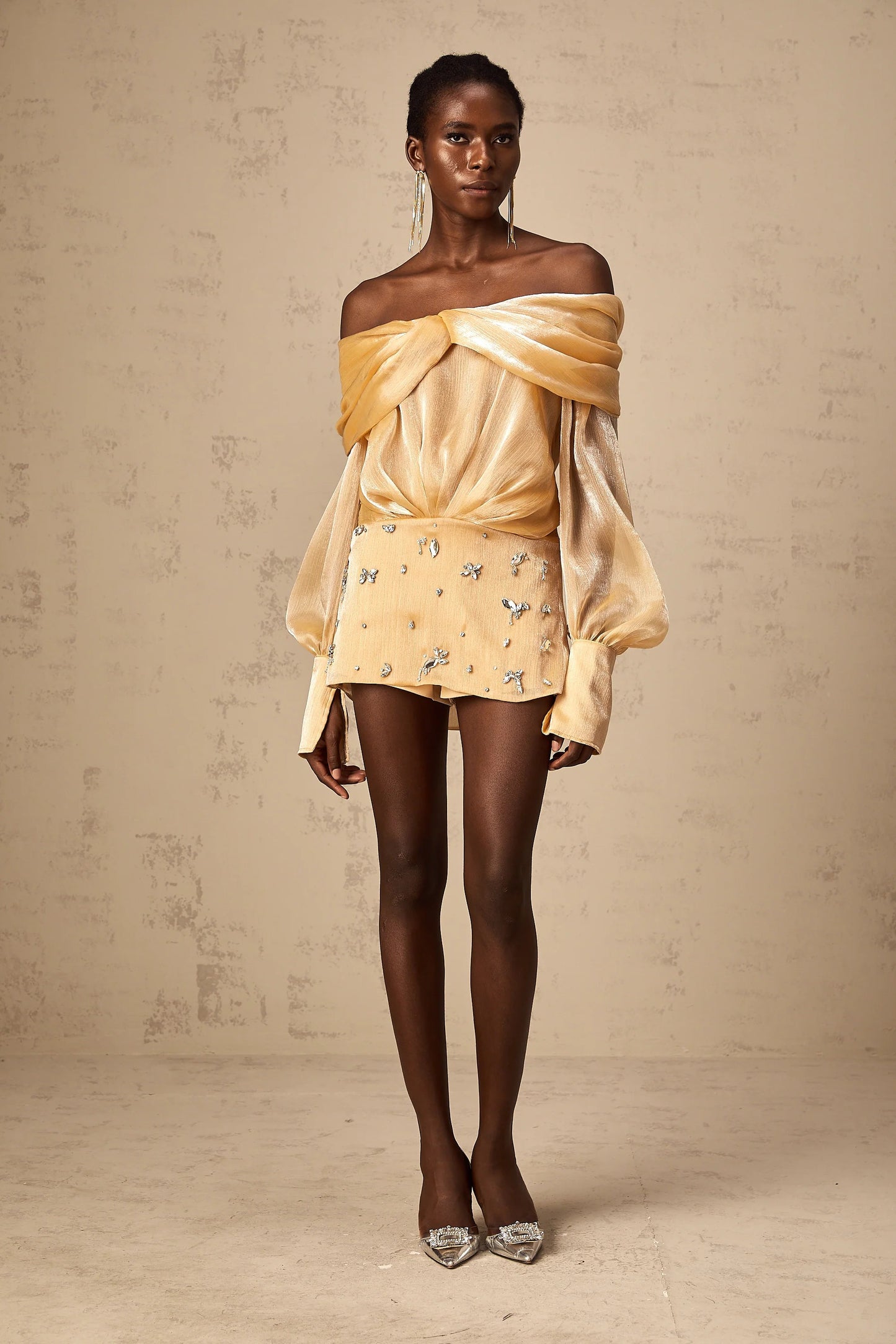 Adelina Gold Crystal-Embellished Panelled Mini Dress