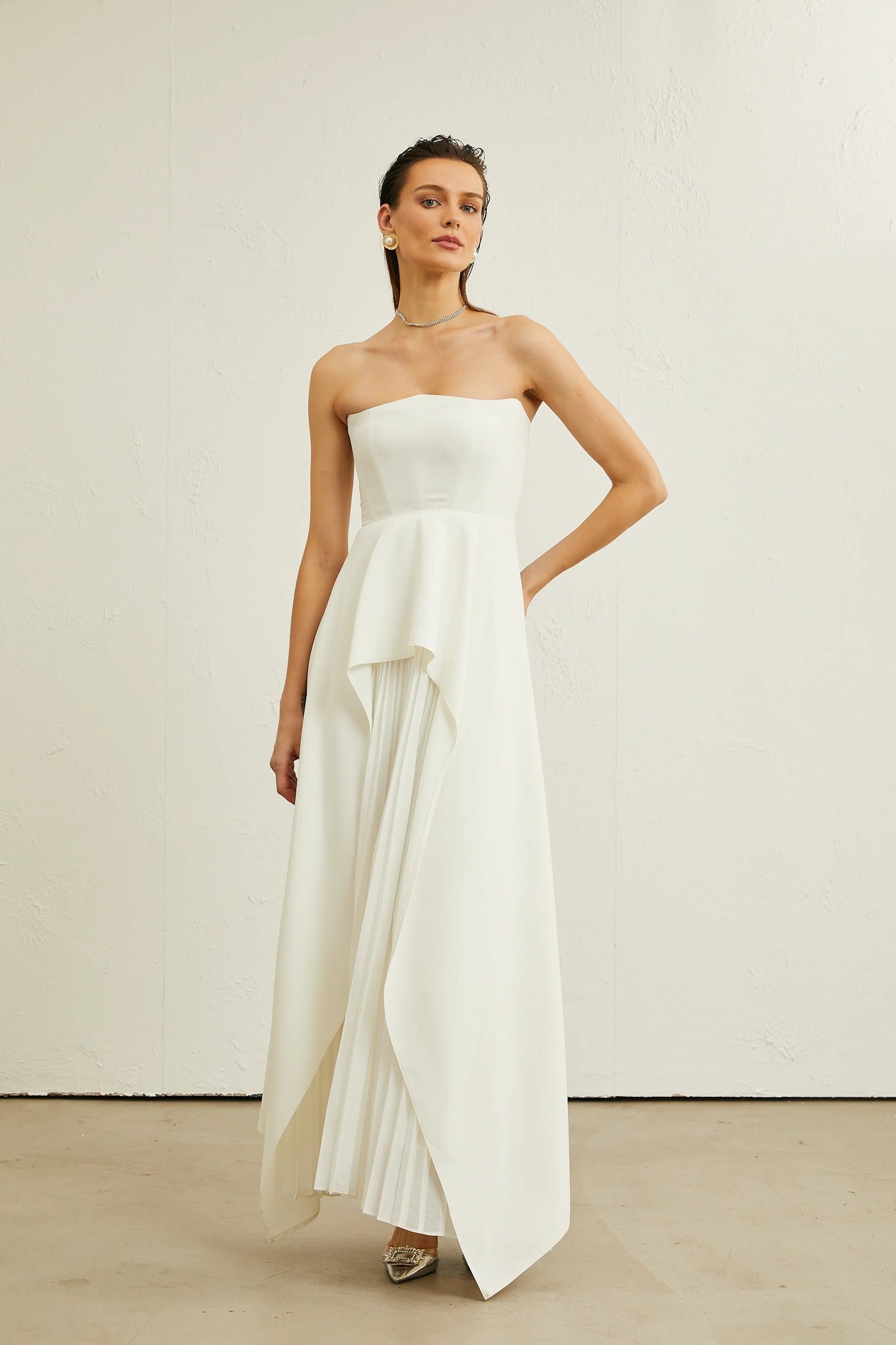 Vanessa White Pleated Off-Shoulder Maxi Dress