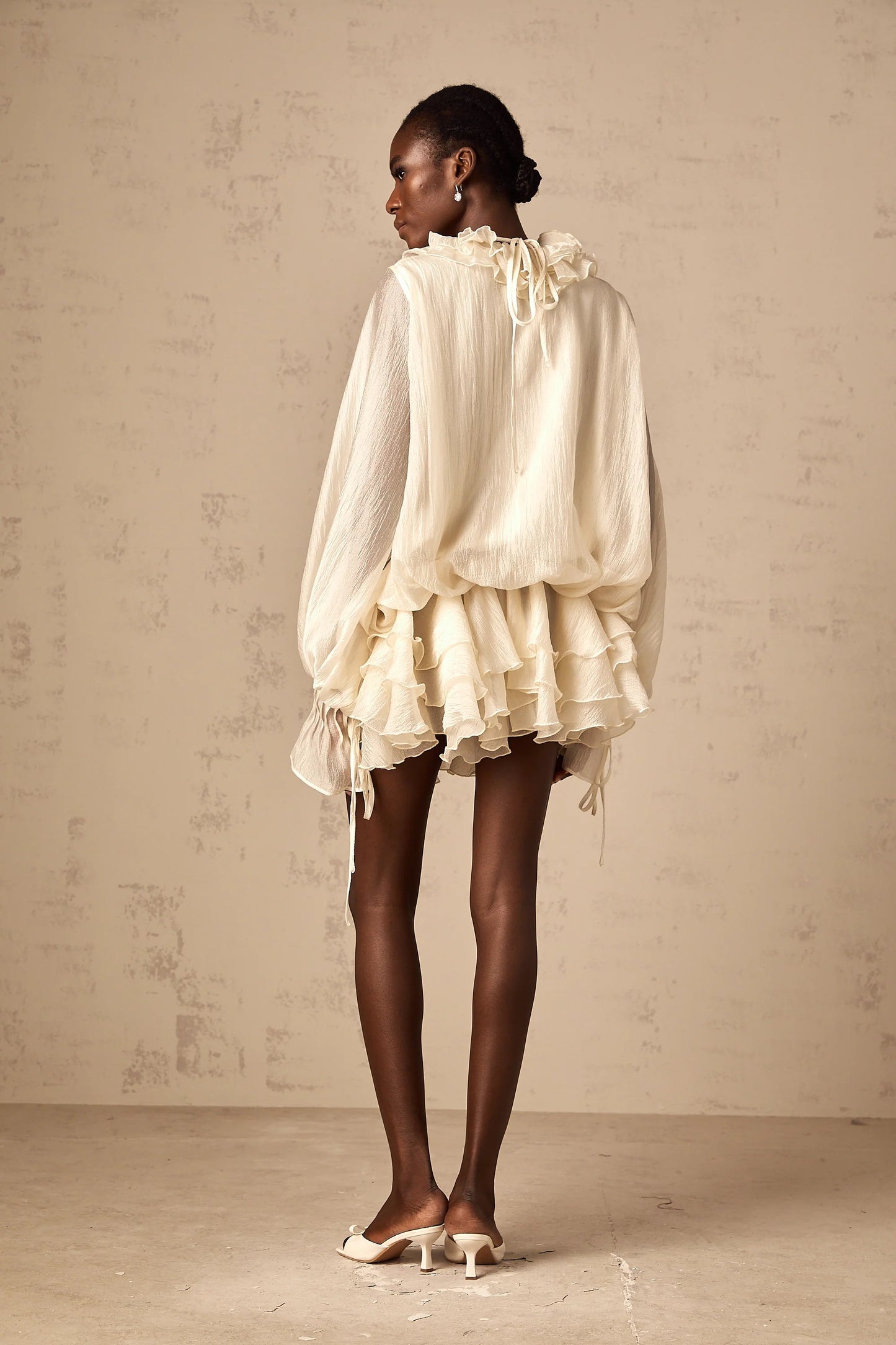 Zephyrine Floral-Applique Tiered Mini Dress in Neutrals