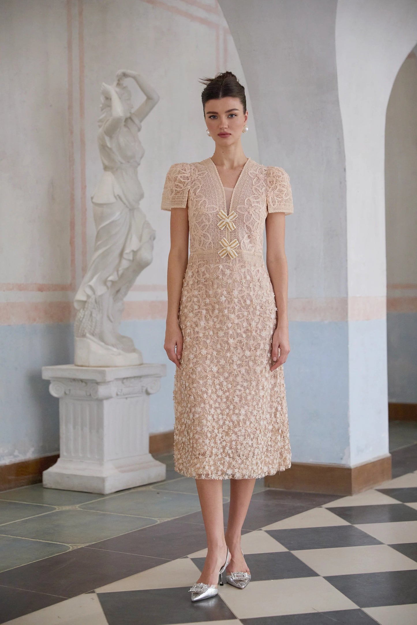 Berengere Neutrals Faux-Flower Crochet Midi Dress