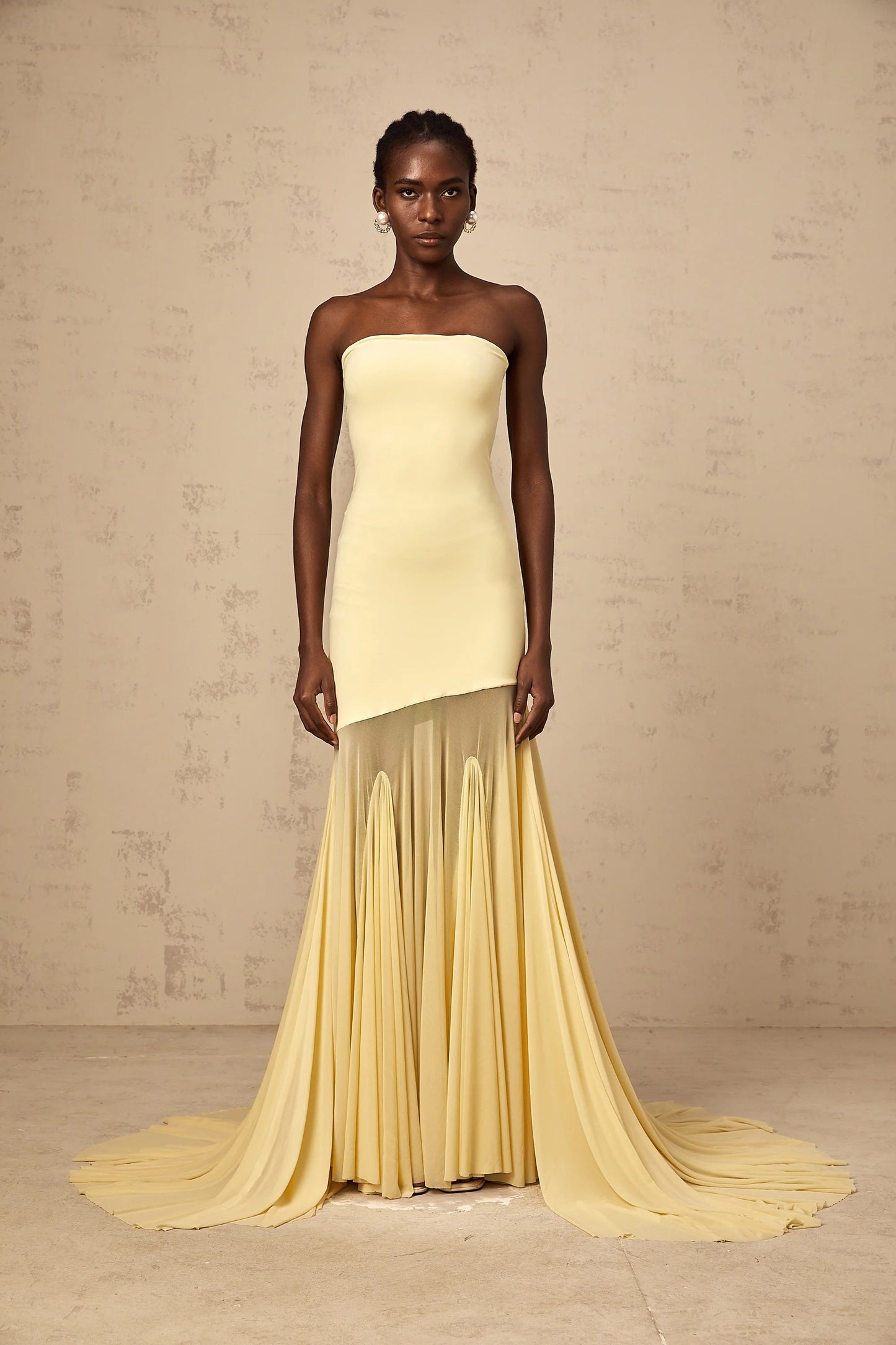 Josiane Yellow Off-Shoulder Sheer Tulle Maxi Dress