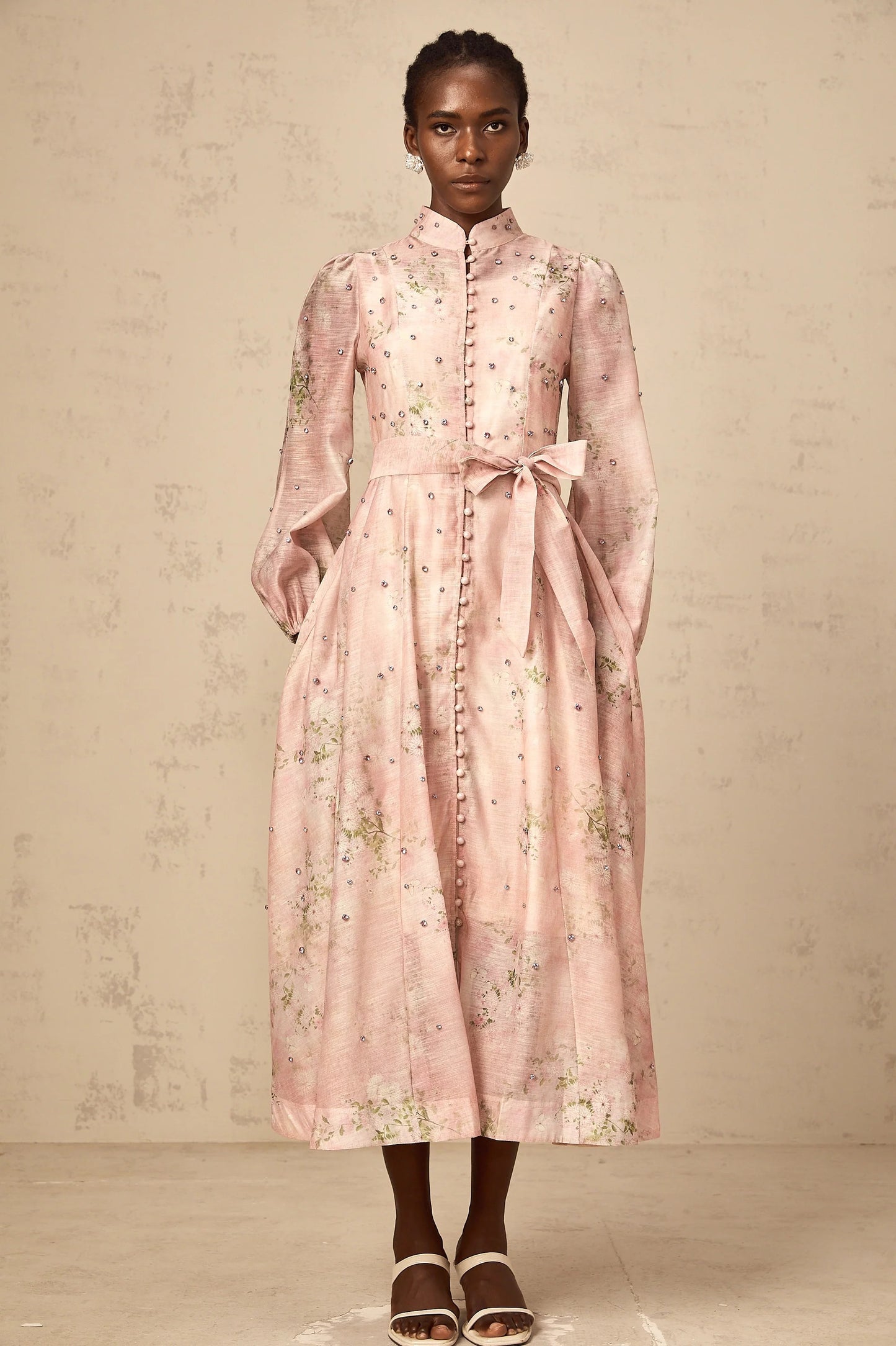 Narcisse Pink Embellished Floral-Print Midi Dress