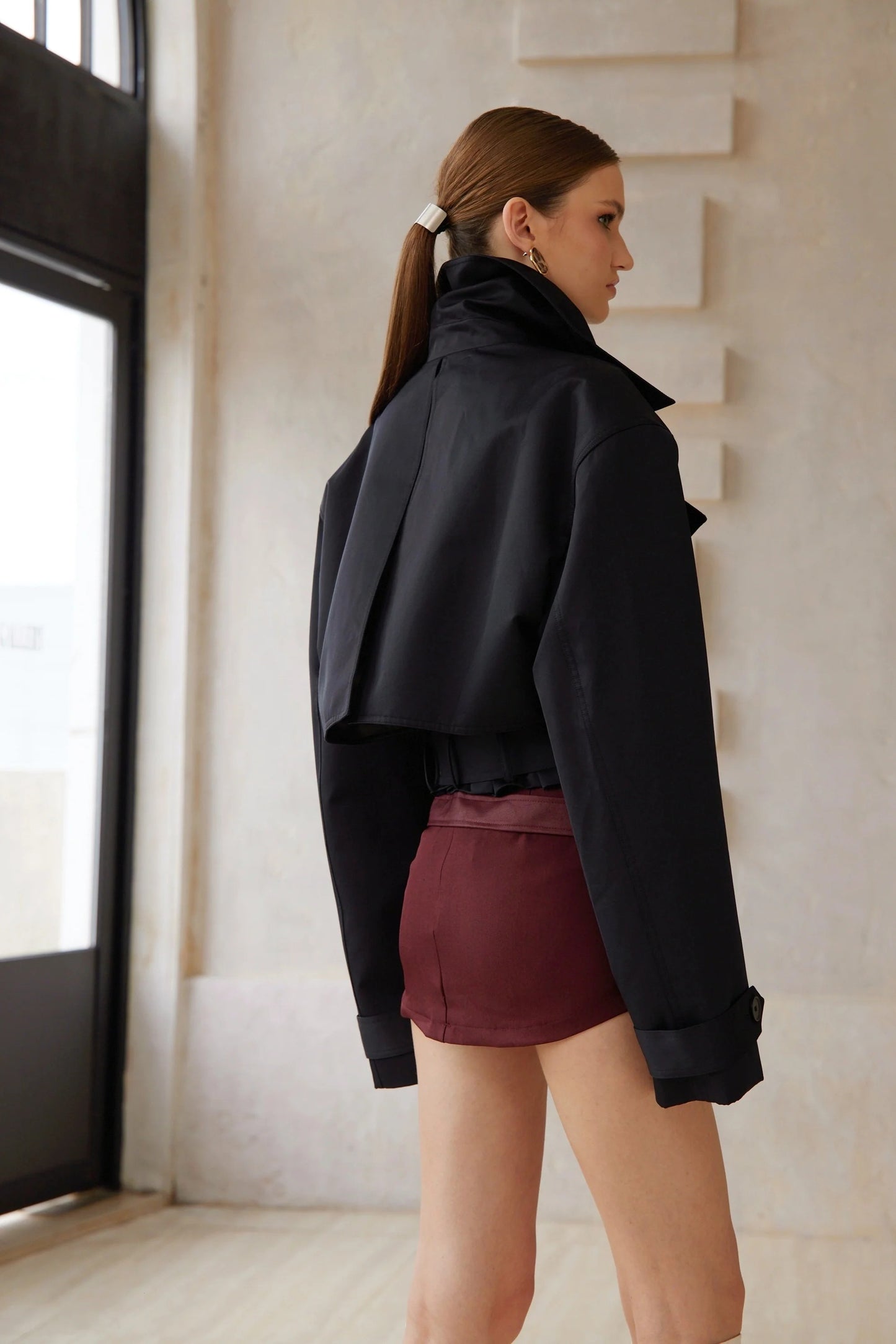 Avril Black Double-Breasted Short Trench Coat