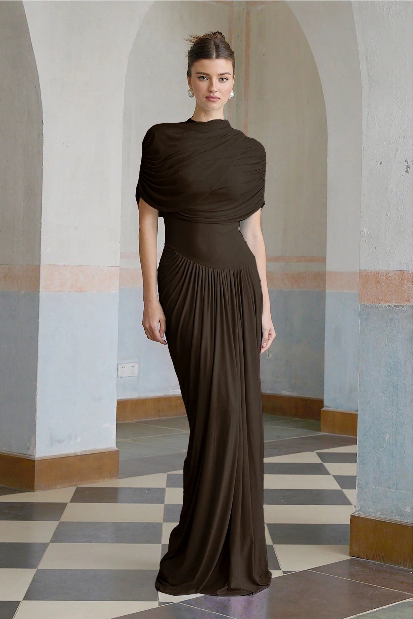 Catherine asymmetrical pleated maxi dress in Brown