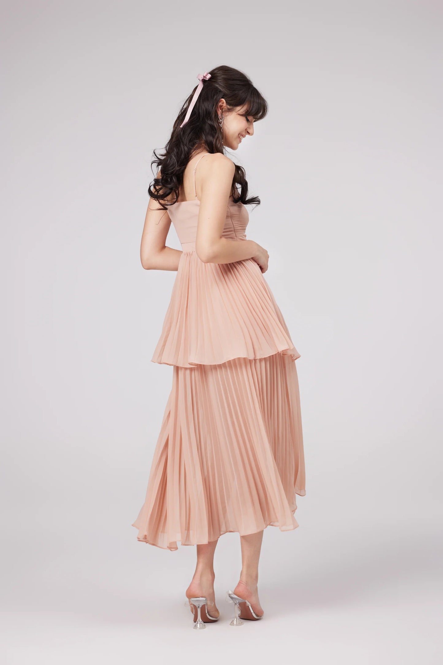 Olympe Pink Pleated Tiered Midi Dress
