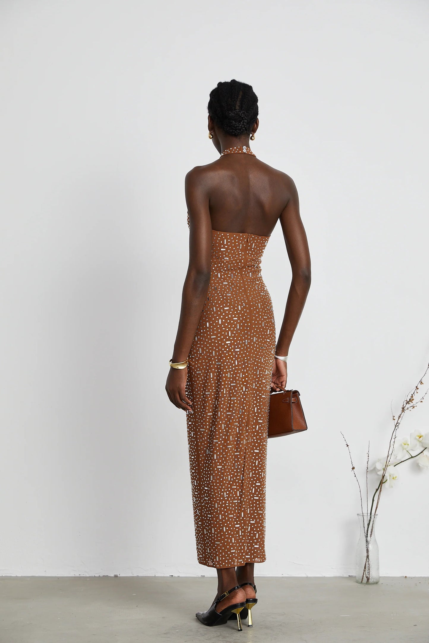 Desiree Brown Embellished Halter Neck Bodycon Maxi Dress