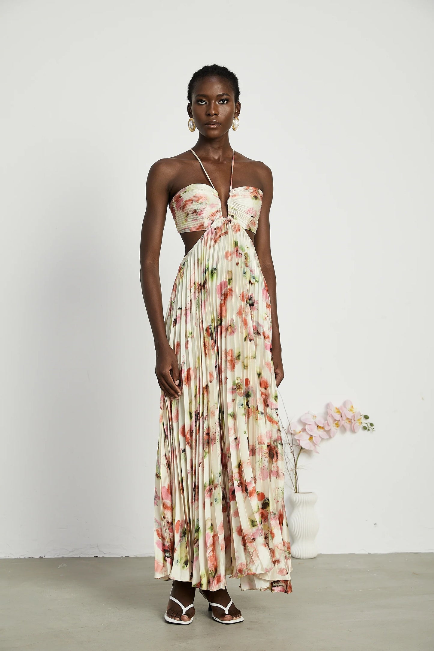 Andrea Cut-Out Floral-Print Pleated Maxi Dress