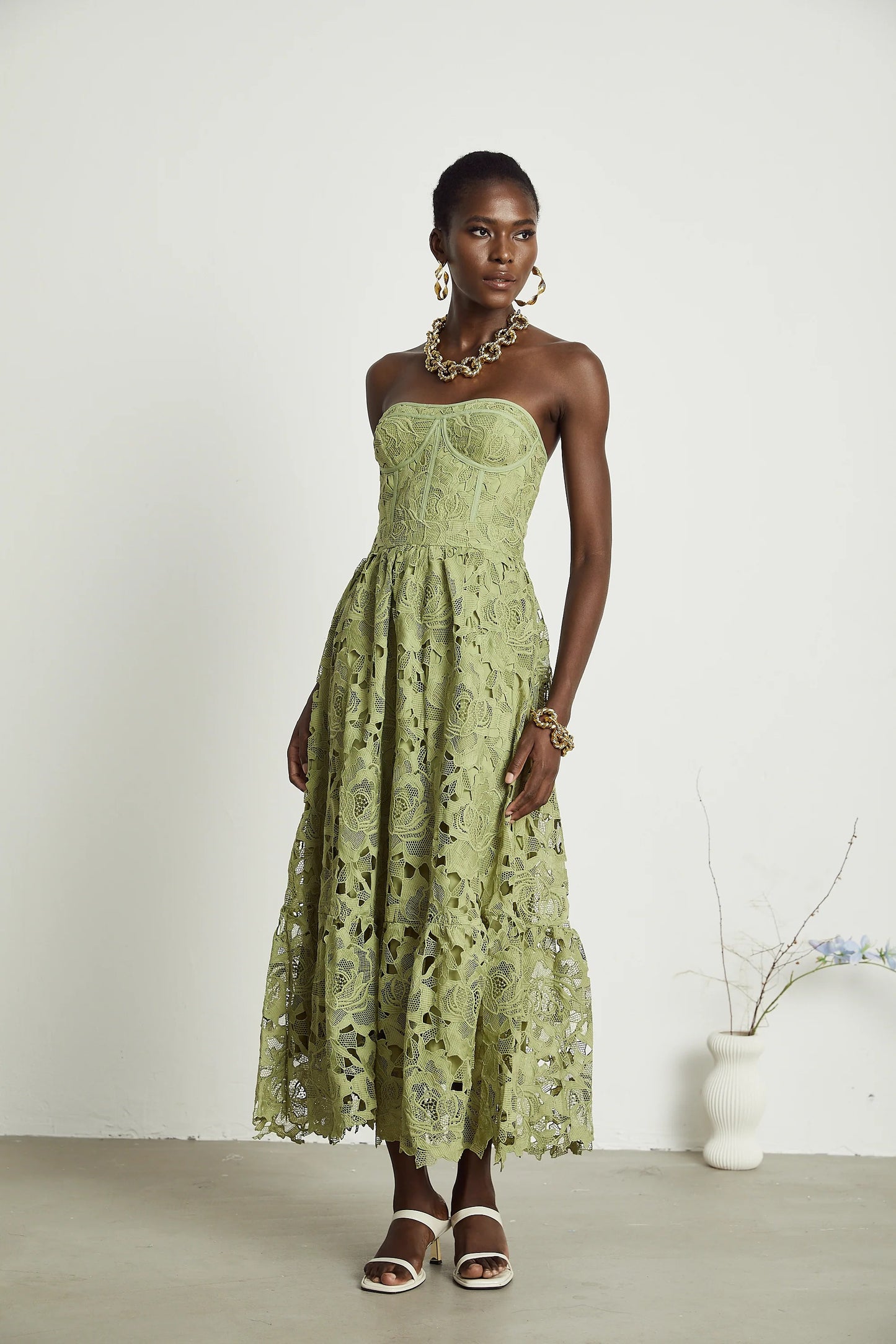 Ines lace floral embroidered cut-out midi dress in Green
