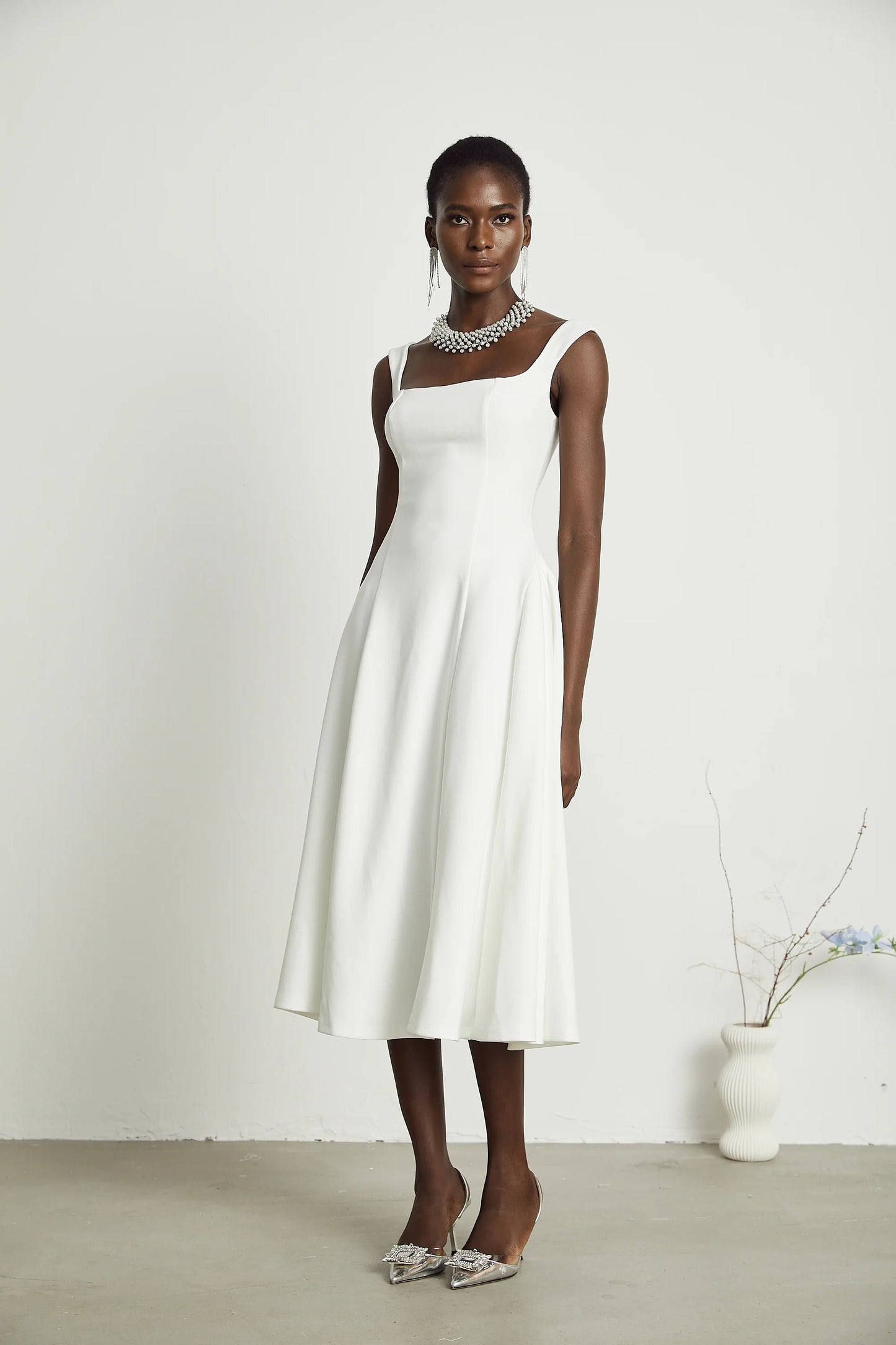 Thala White Pleated Flared Midi Dress