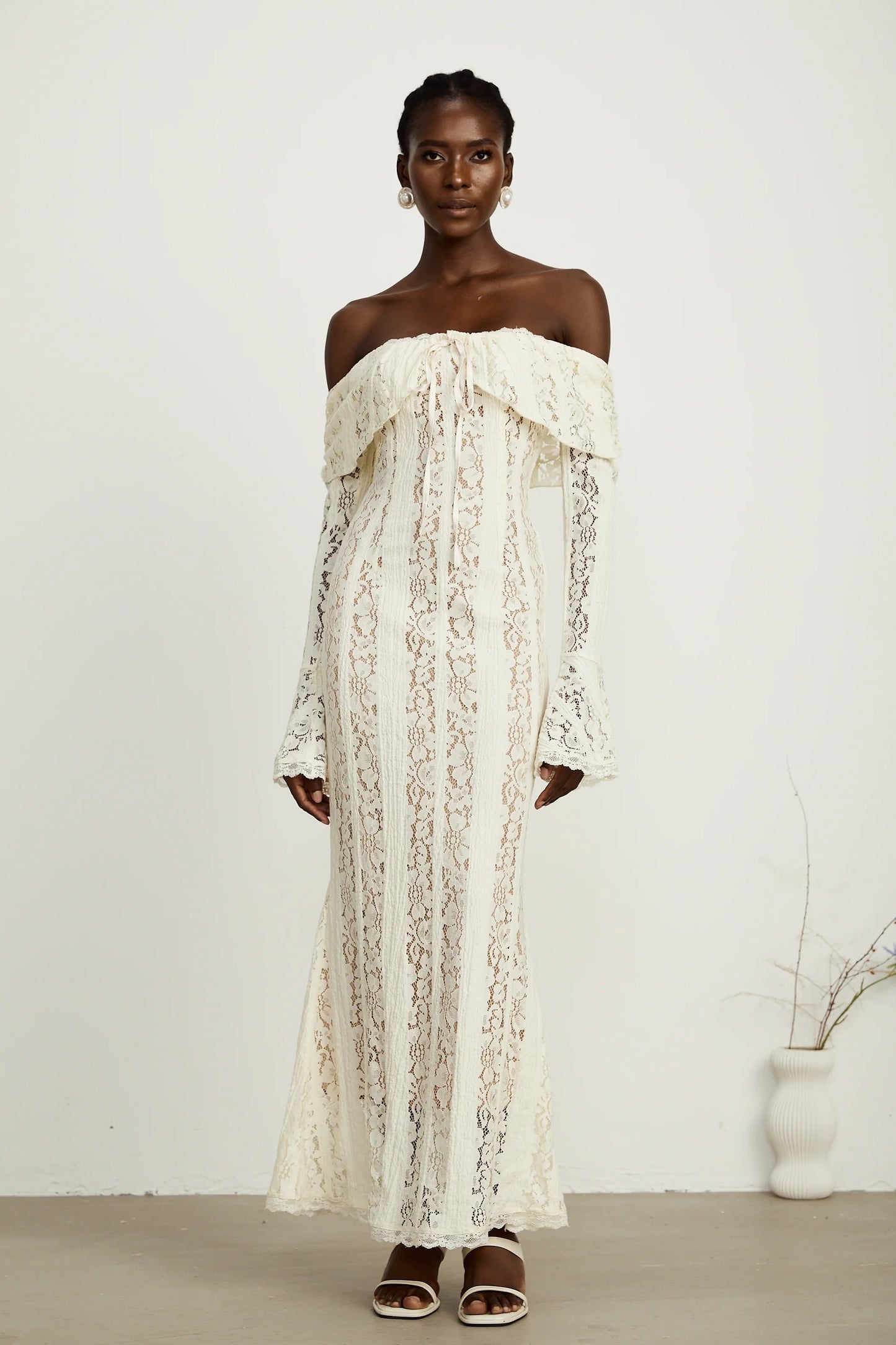 Emeline Floral Lace Flared-Cuff Maxi Dress in Neutrals