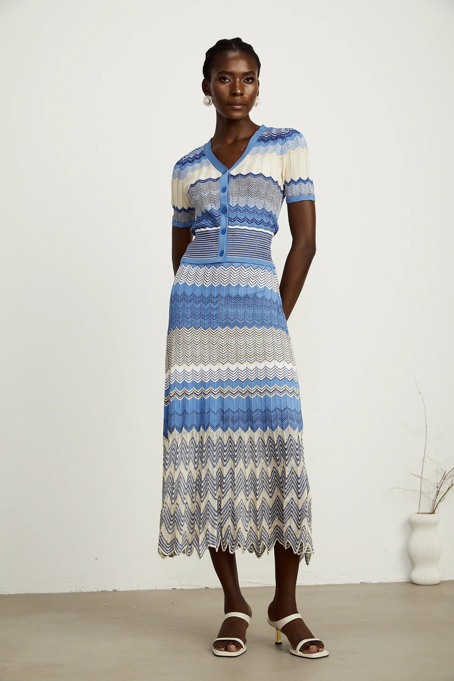 Daniela Blue Zigzag-Design Knit Top & Skirt Matching Set