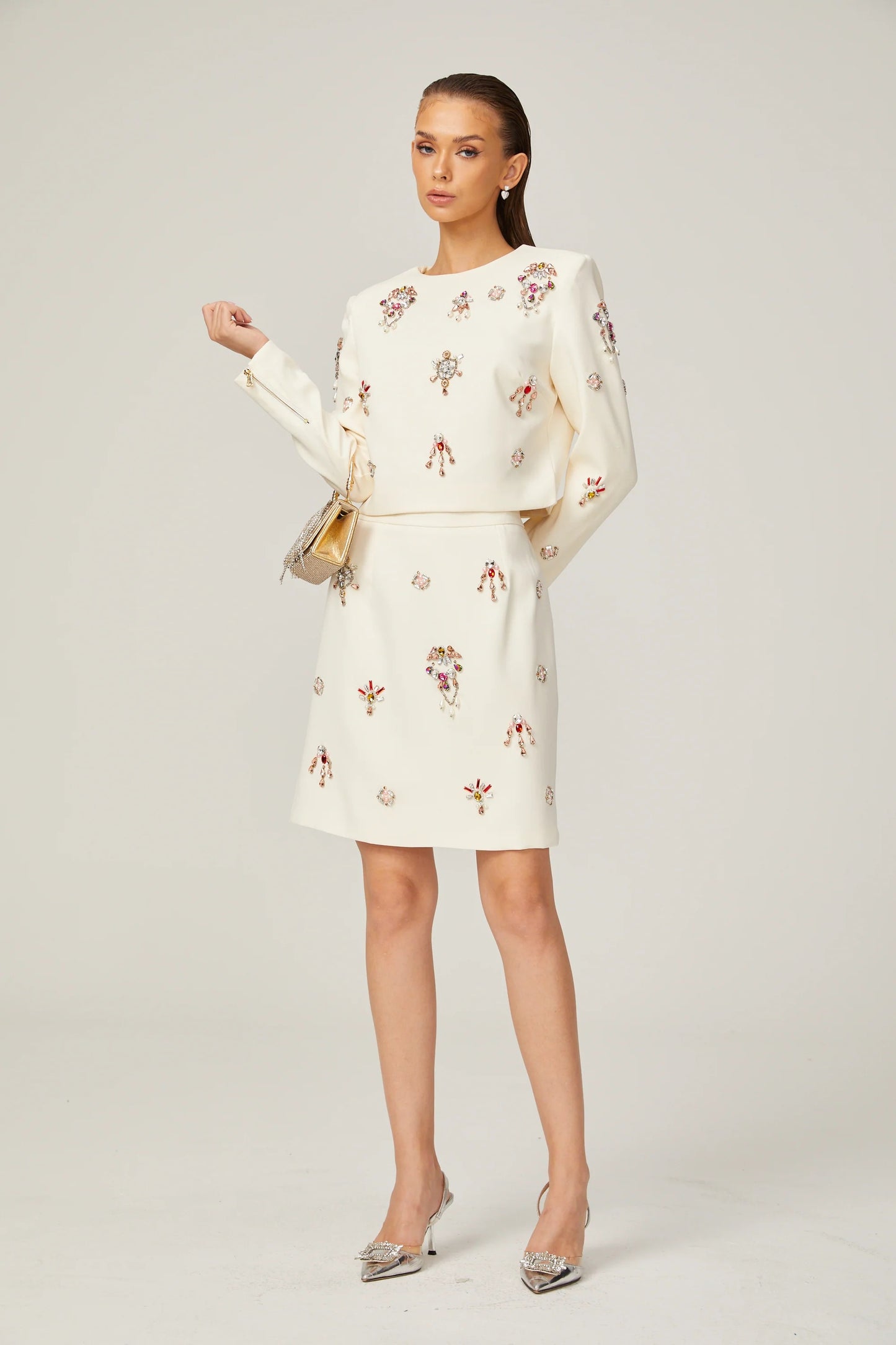 Jeanne white crystal-embellished top & skirt matching set