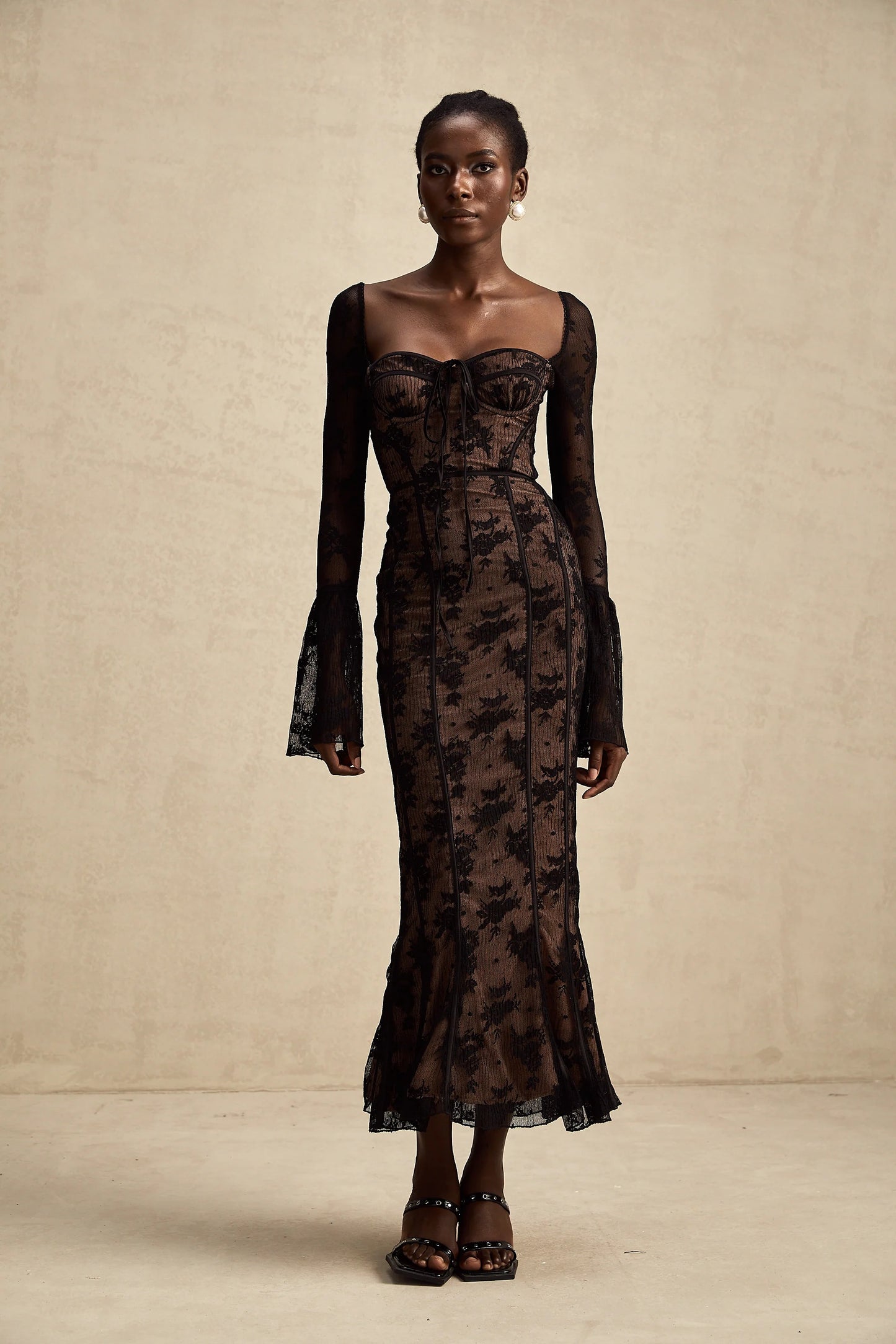 Marlene Black Flared Lace Maxi Dress