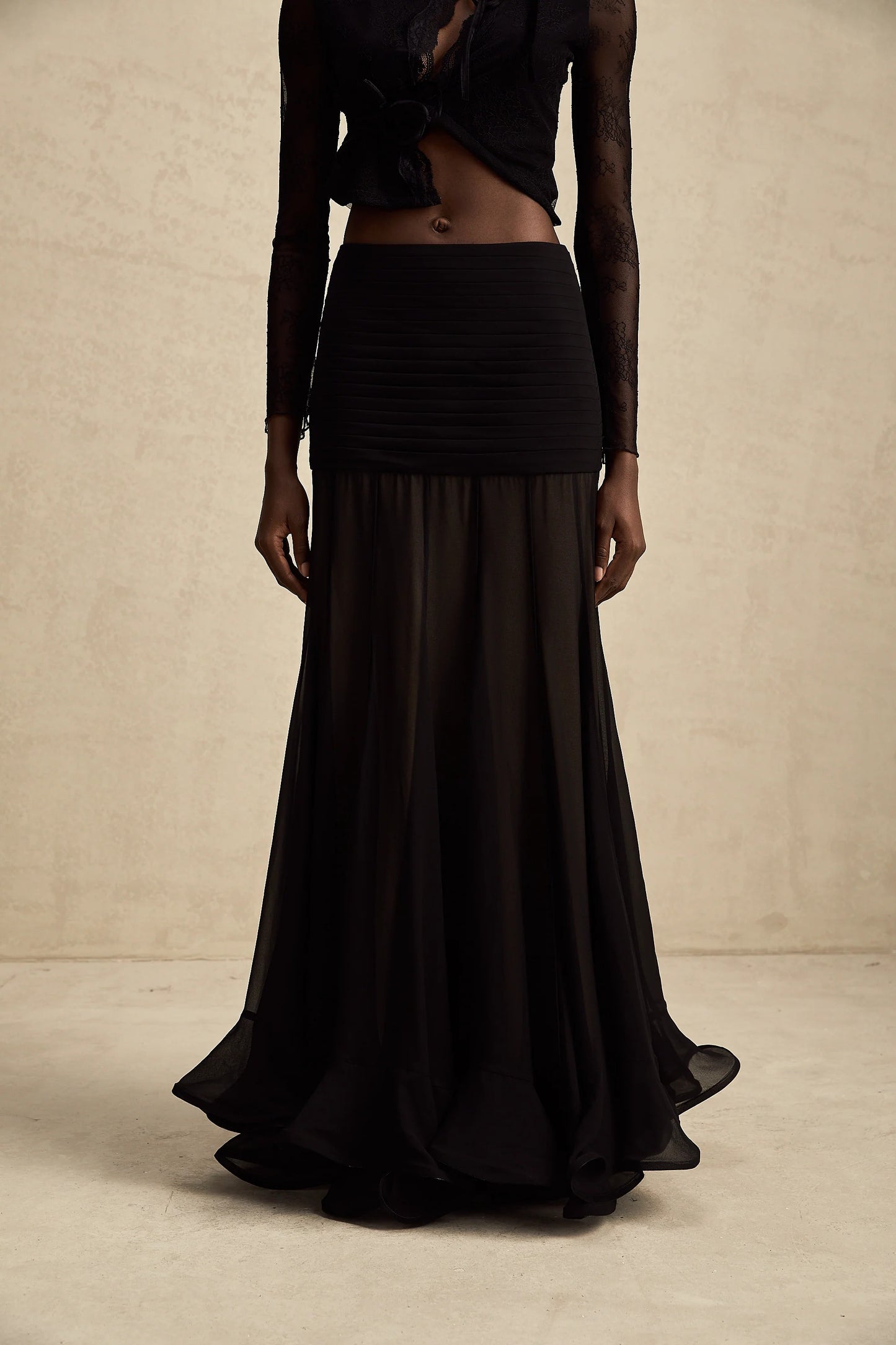 Jacqueline rayon ruffle pleated tulle maxi skirt