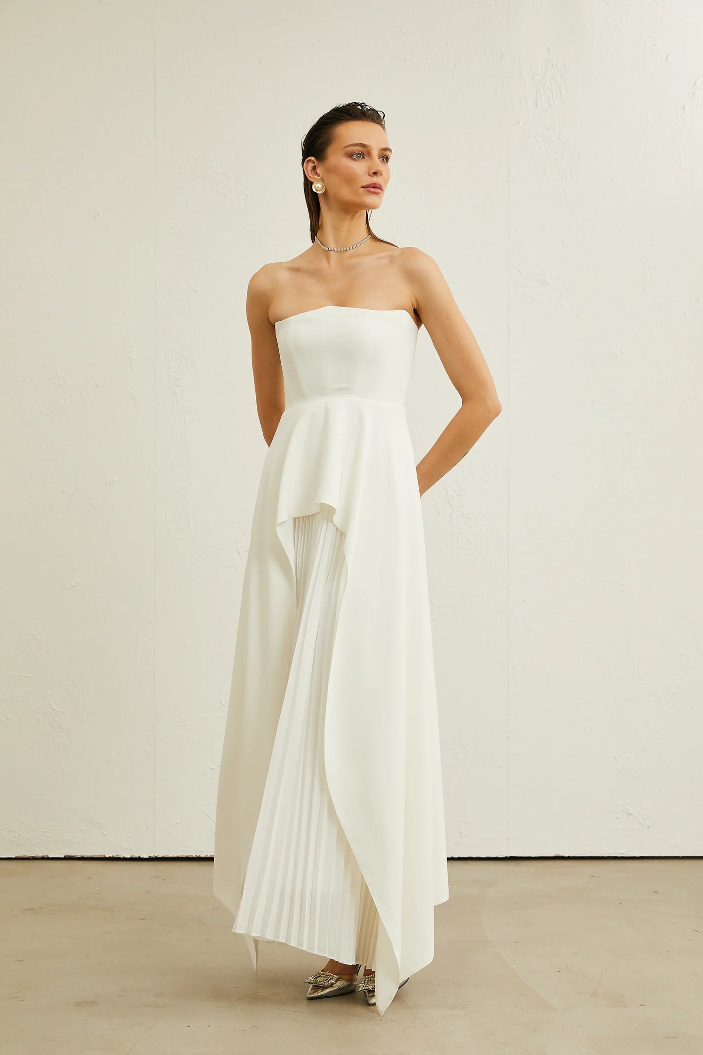 Vanessa White Pleated Off-Shoulder Maxi Dress