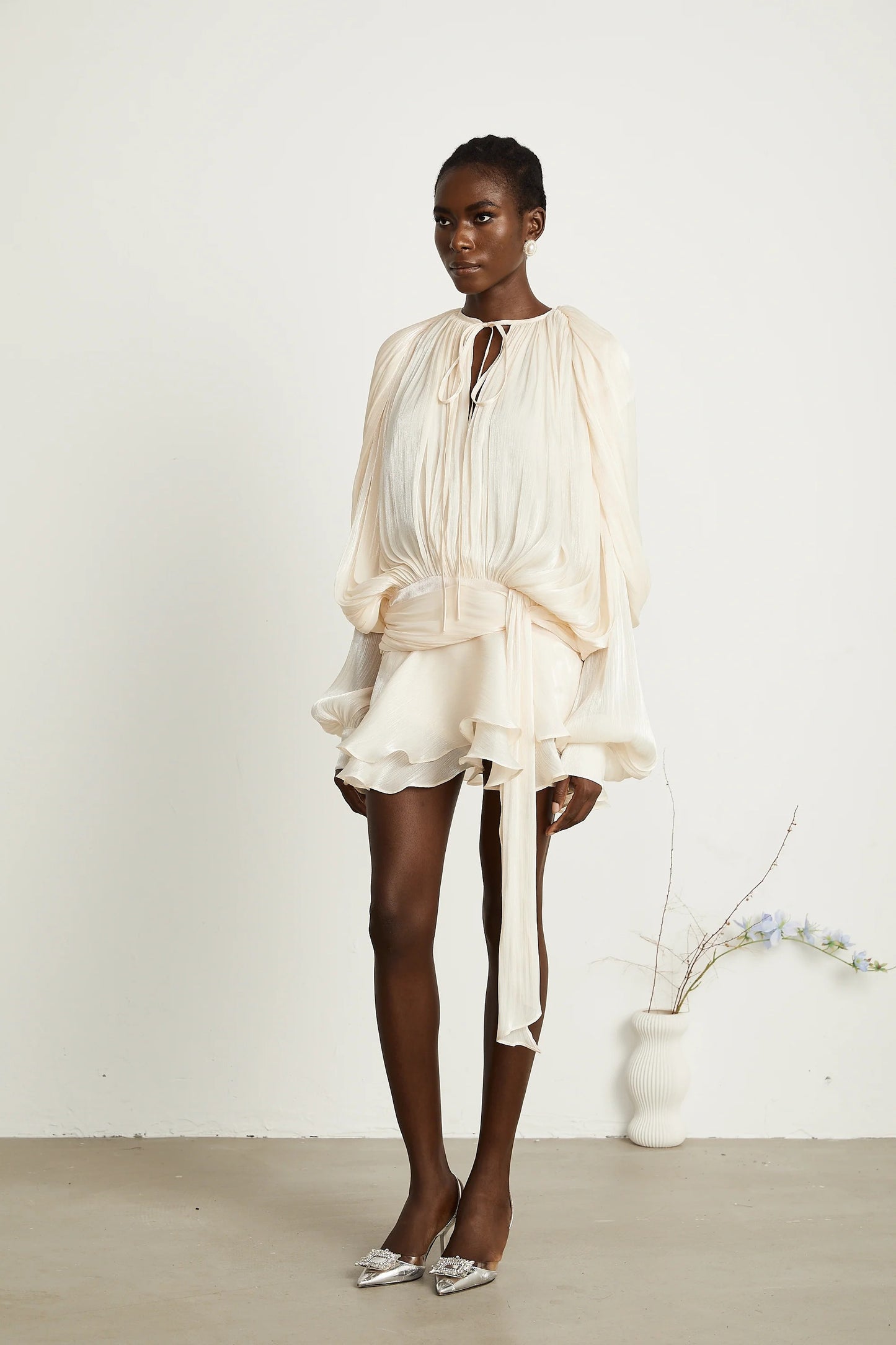 Eugenie Neutral Fully Pleated Ruffled Mini Dress