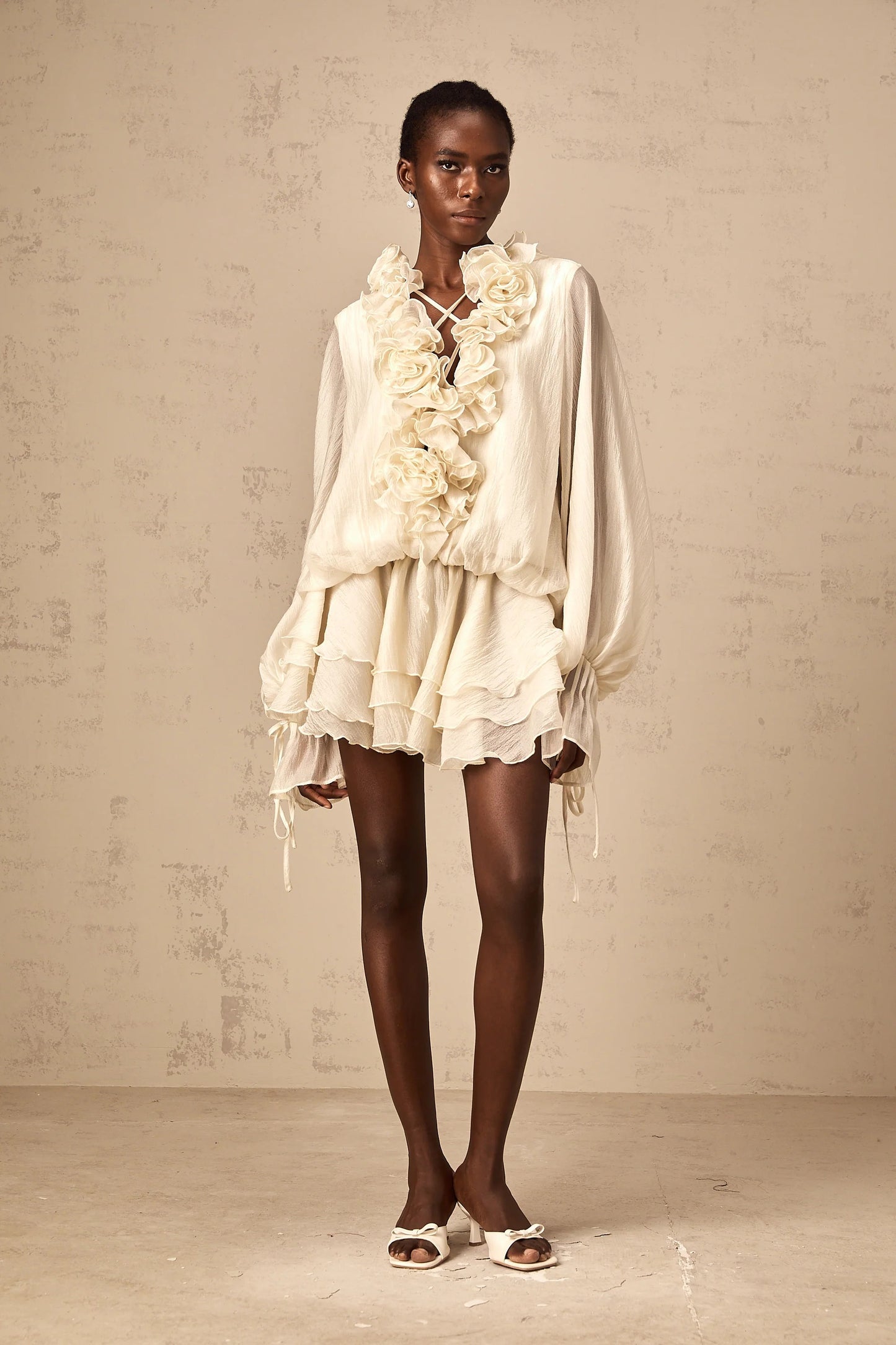 Zephyrine Floral-Applique Tiered Mini Dress in Neutrals