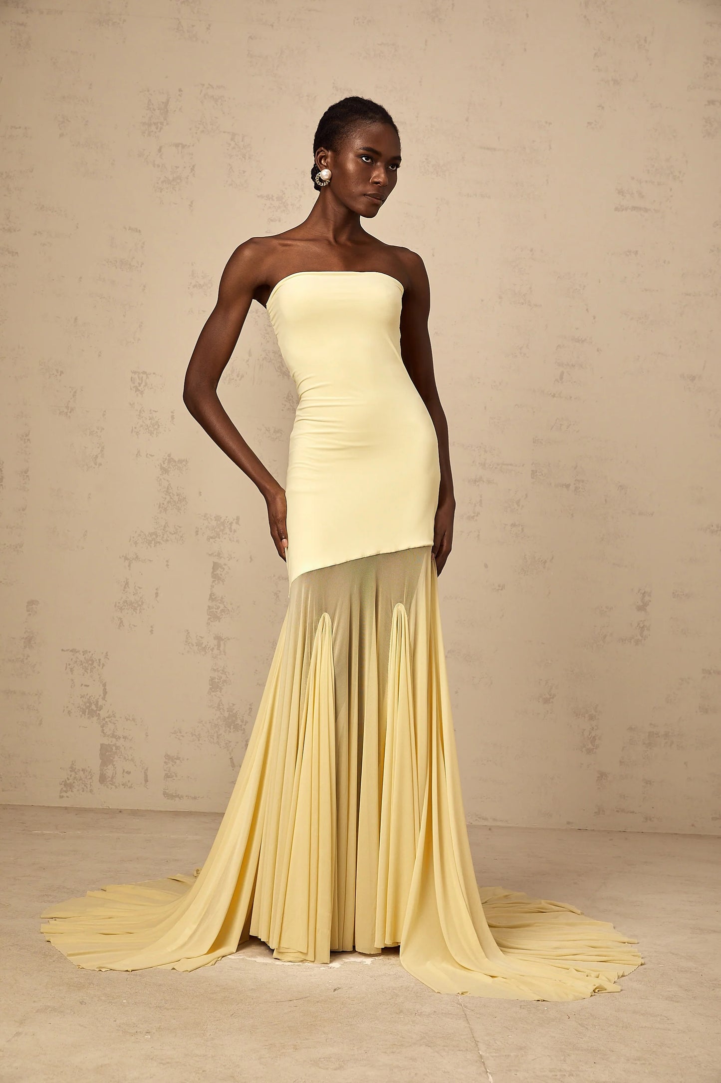 Josiane Yellow Off-Shoulder Sheer Tulle Maxi Dress