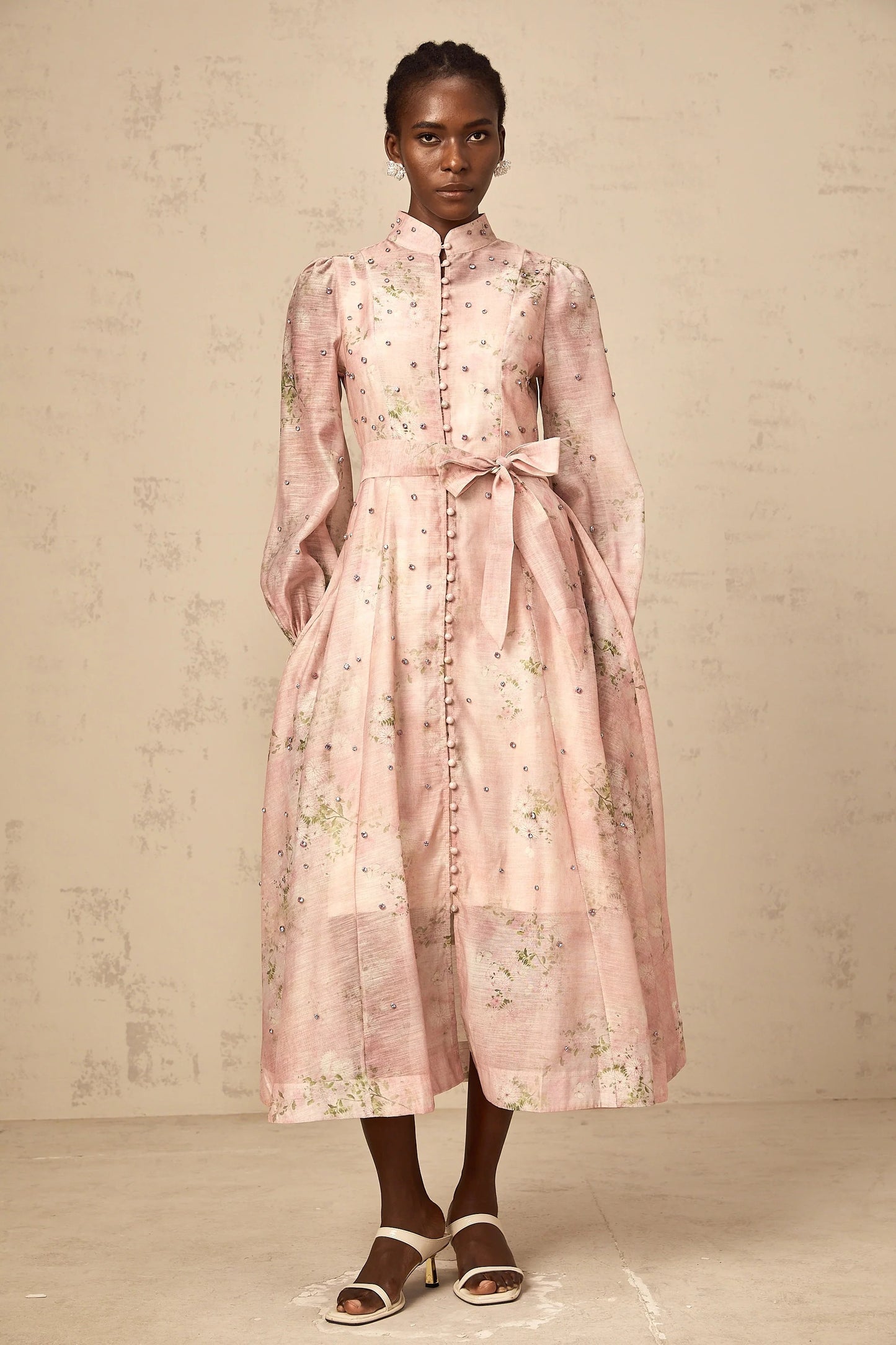 Narcisse Pink Embellished Floral-Print Midi Dress