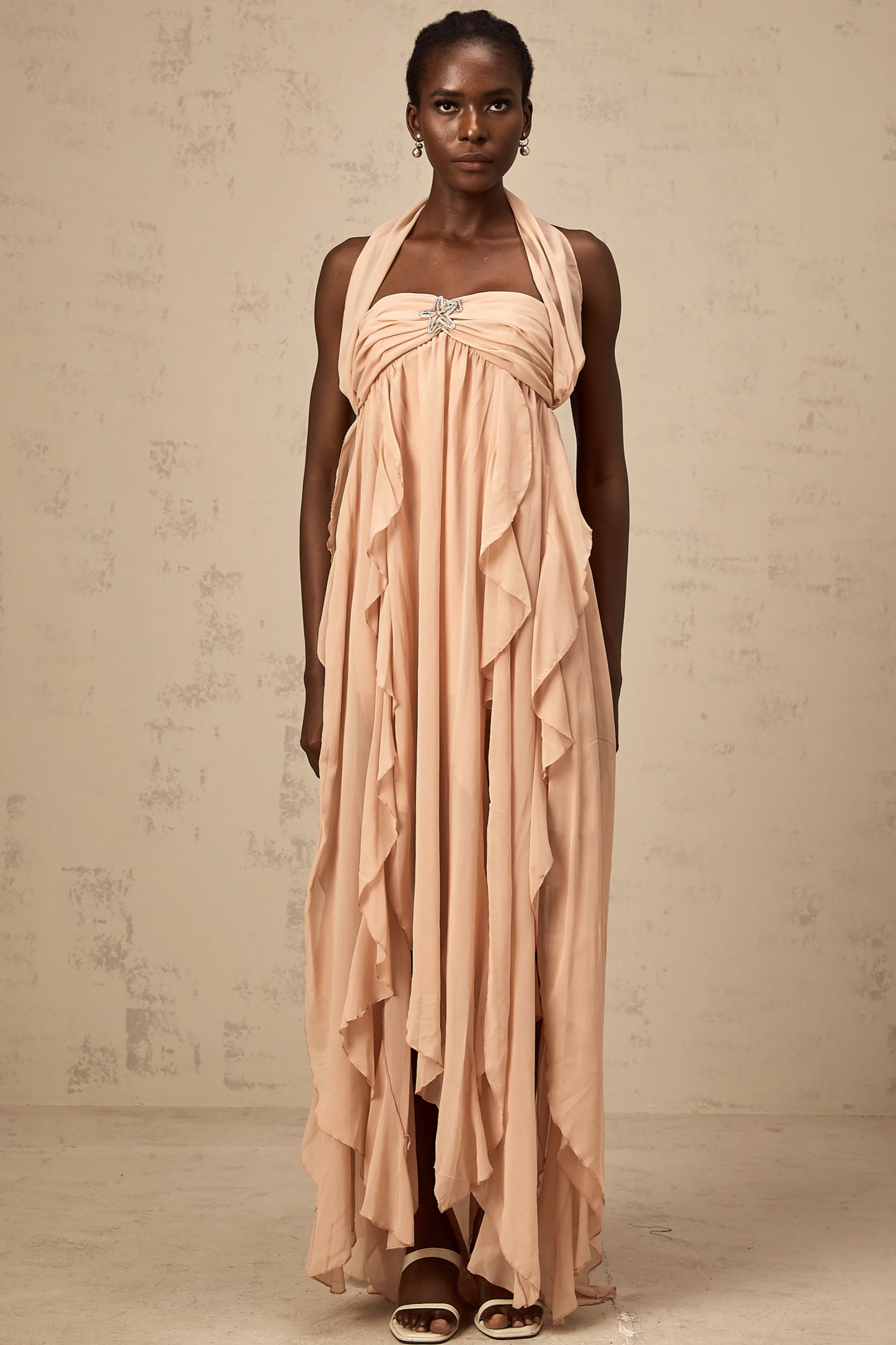 Mariah Pink Chiffon Ruffle Halterneck Maxi Dress