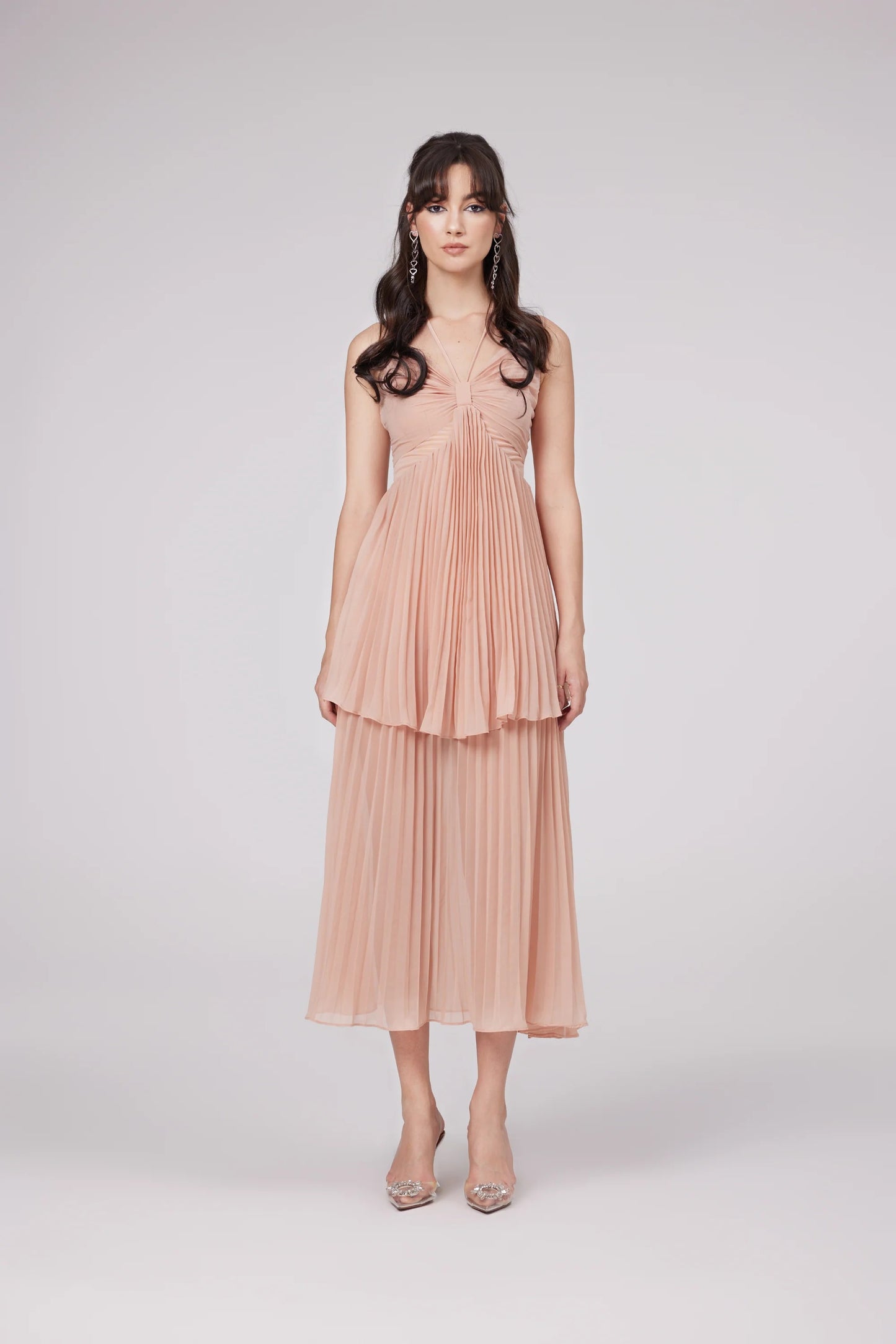 Olympe Pink Pleated Tiered Midi Dress