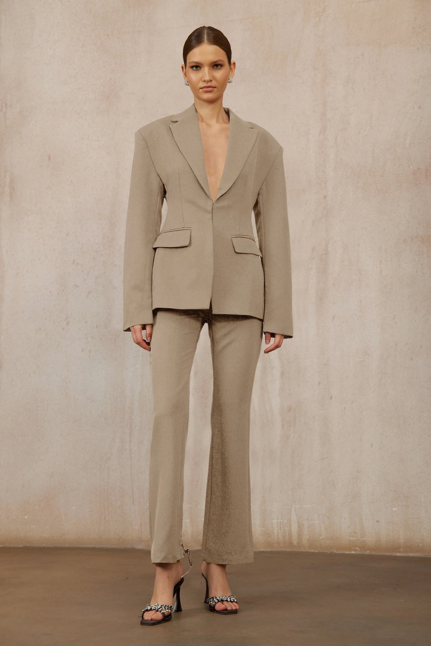 Prunille Khaki Lace-Up Blazer & Trousers Set