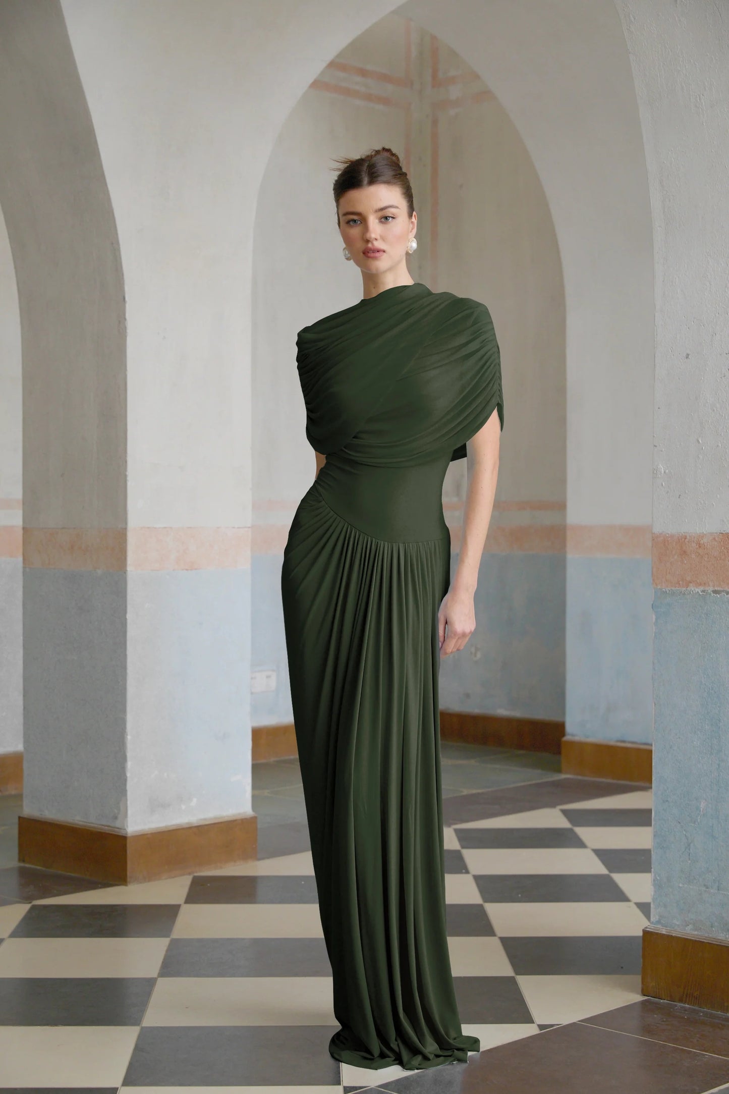 Catherine asymmetrical pleated maxi dress in Green