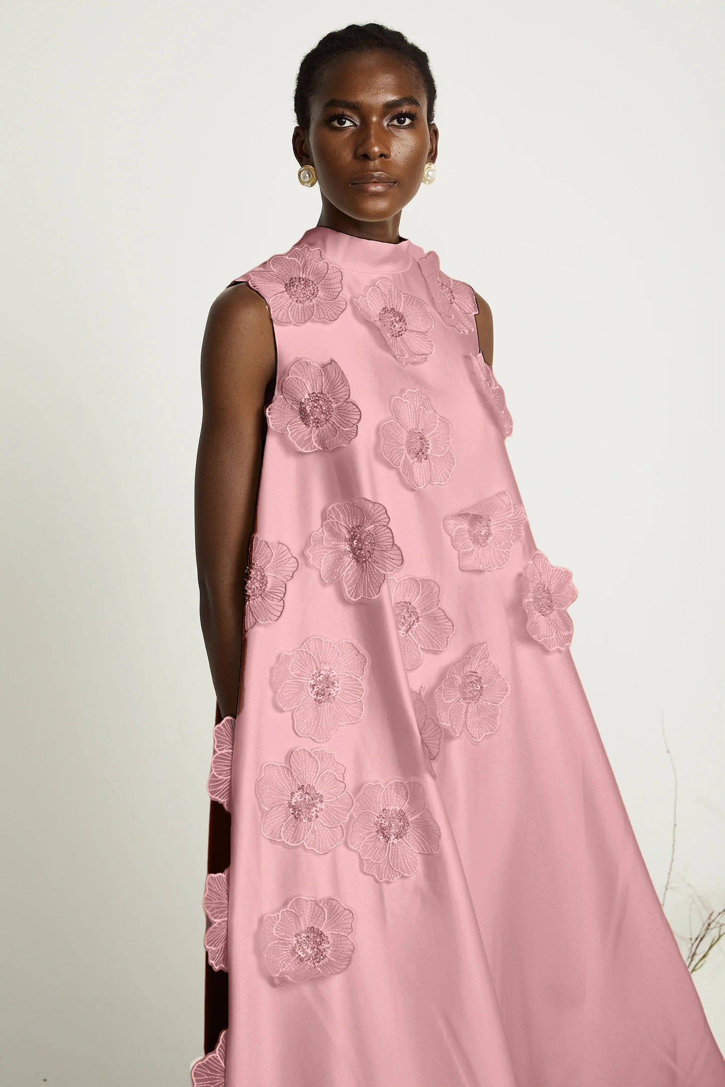 Emilie Sleeveless Floral-Applique Midi Dress in Pink