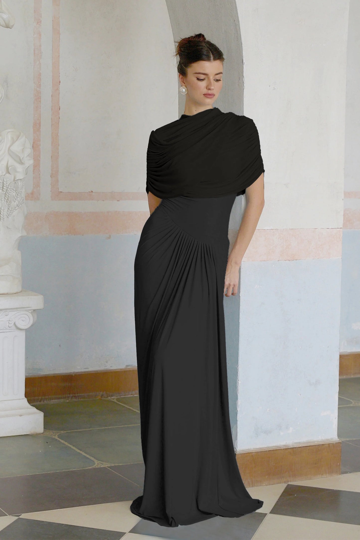 Catherine Black Asymmetrical Pleated Maxi Dress