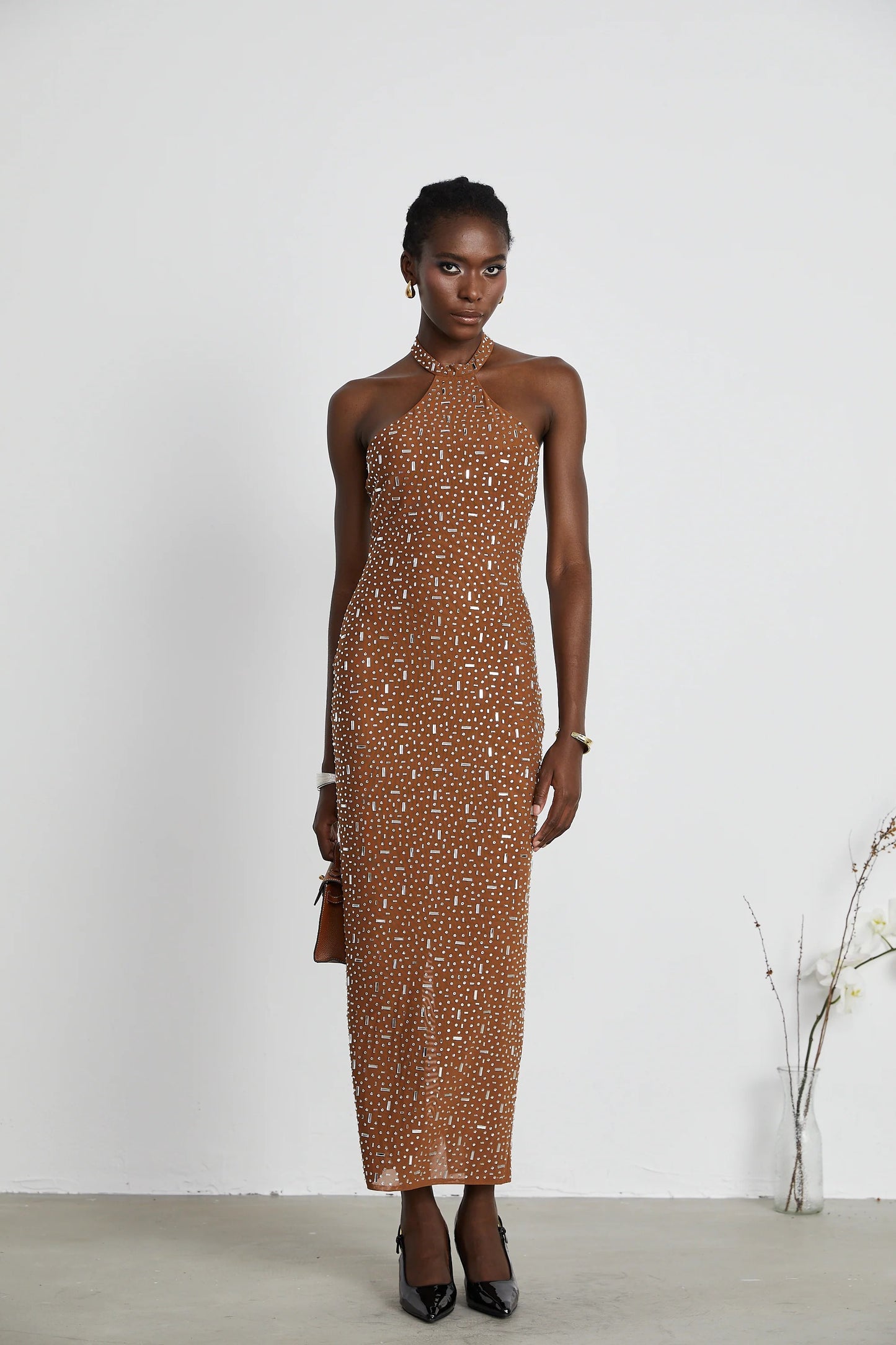 Desiree Brown Embellished Halter Neck Bodycon Maxi Dress