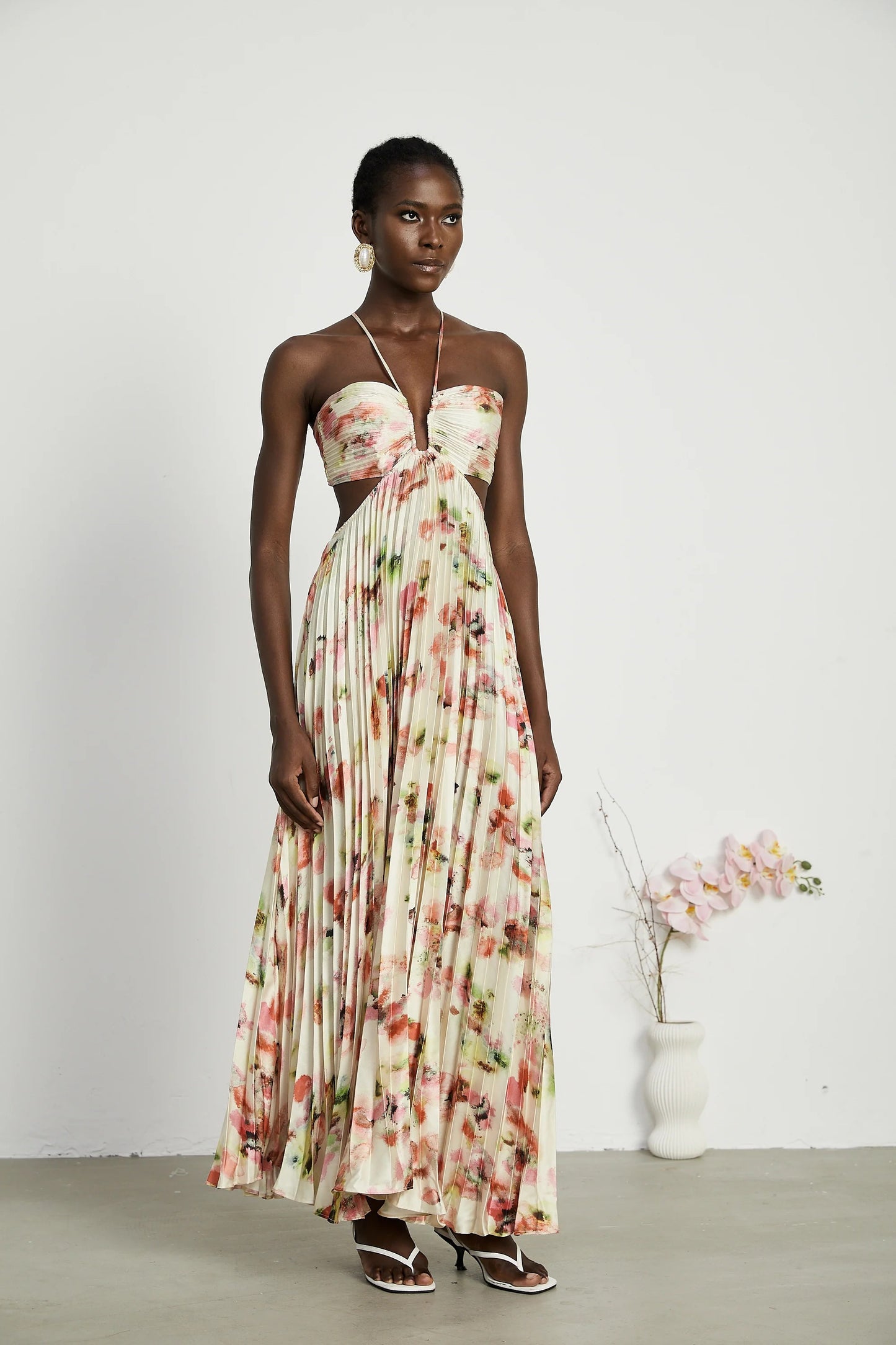 Andrea Cut-Out Floral-Print Pleated Maxi Dress