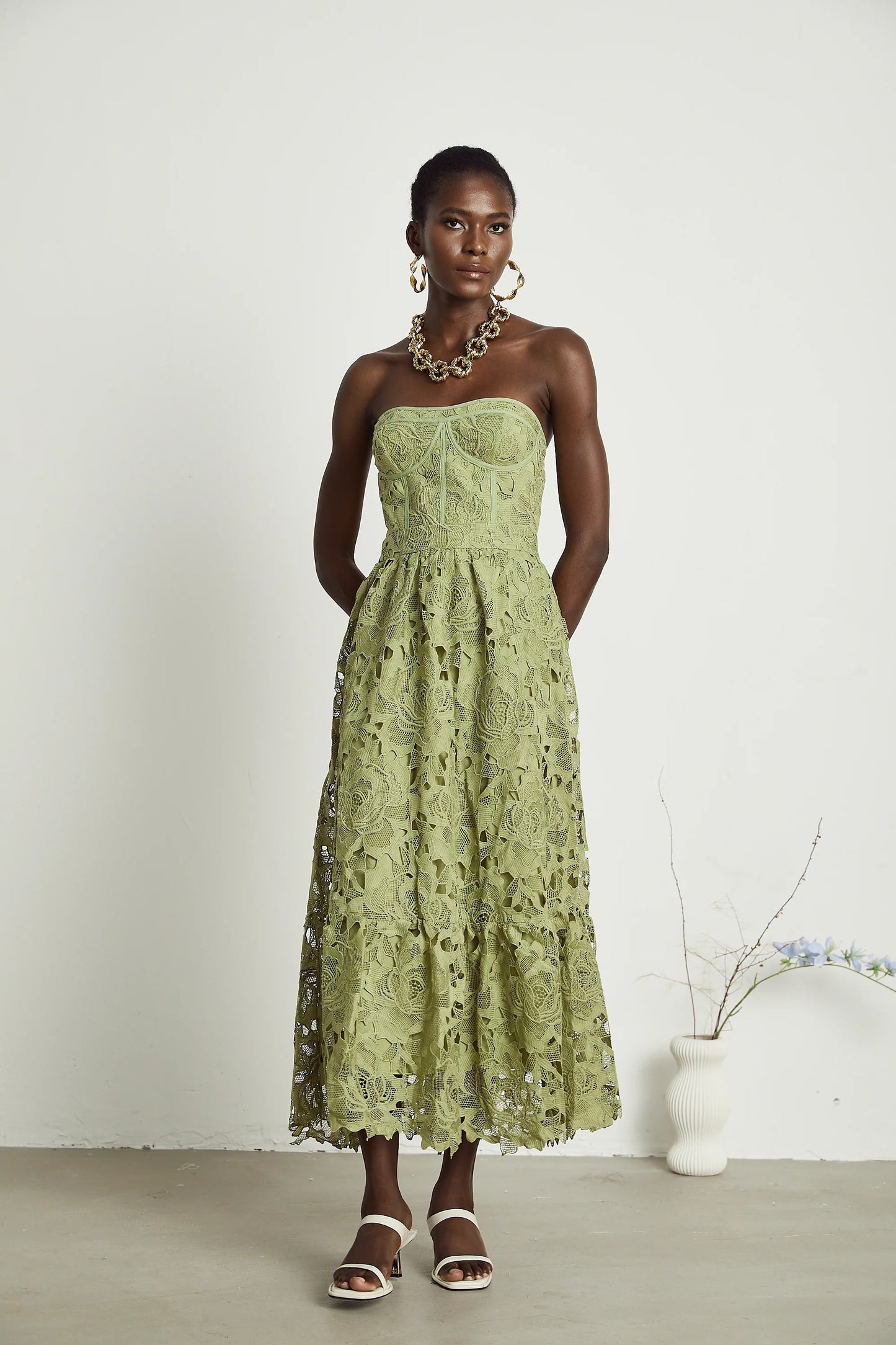 Ines lace floral embroidered cut-out midi dress in Green