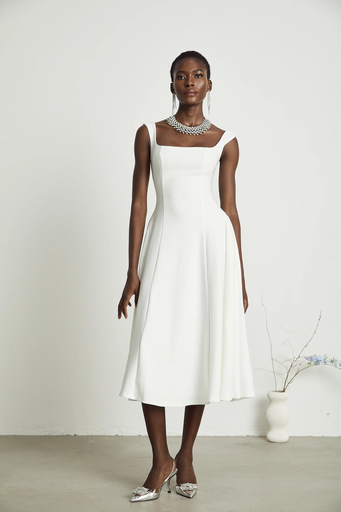 Thala White Pleated Flared Midi Dress