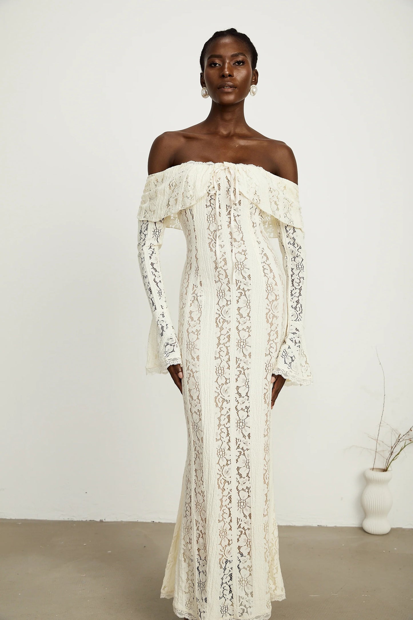 Emeline Floral Lace Flared-Cuff Maxi Dress in Neutrals