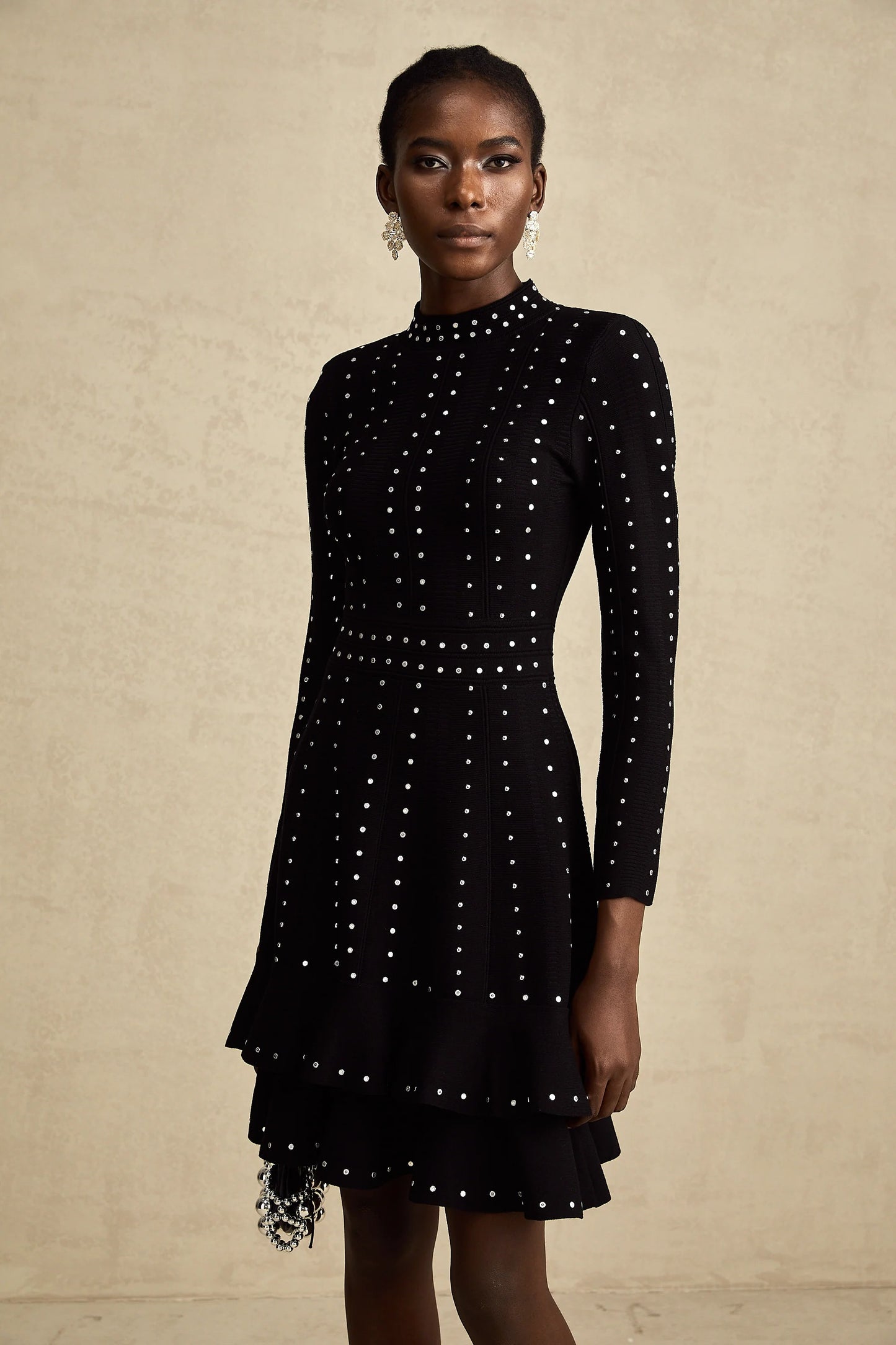 Fabienne Black Embellished Ruffled Knitted Mini Dress
