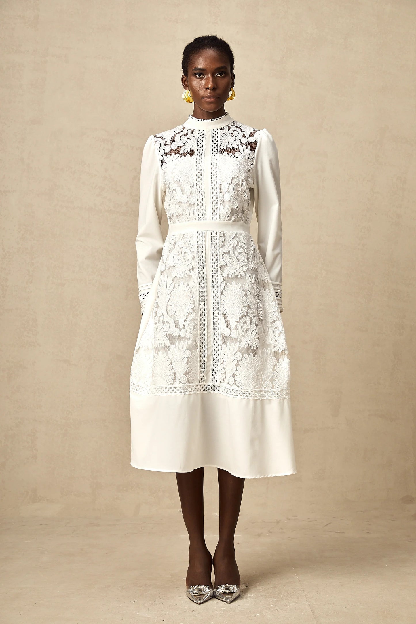 Madeleine White Panelled Embroidered Midi Dress