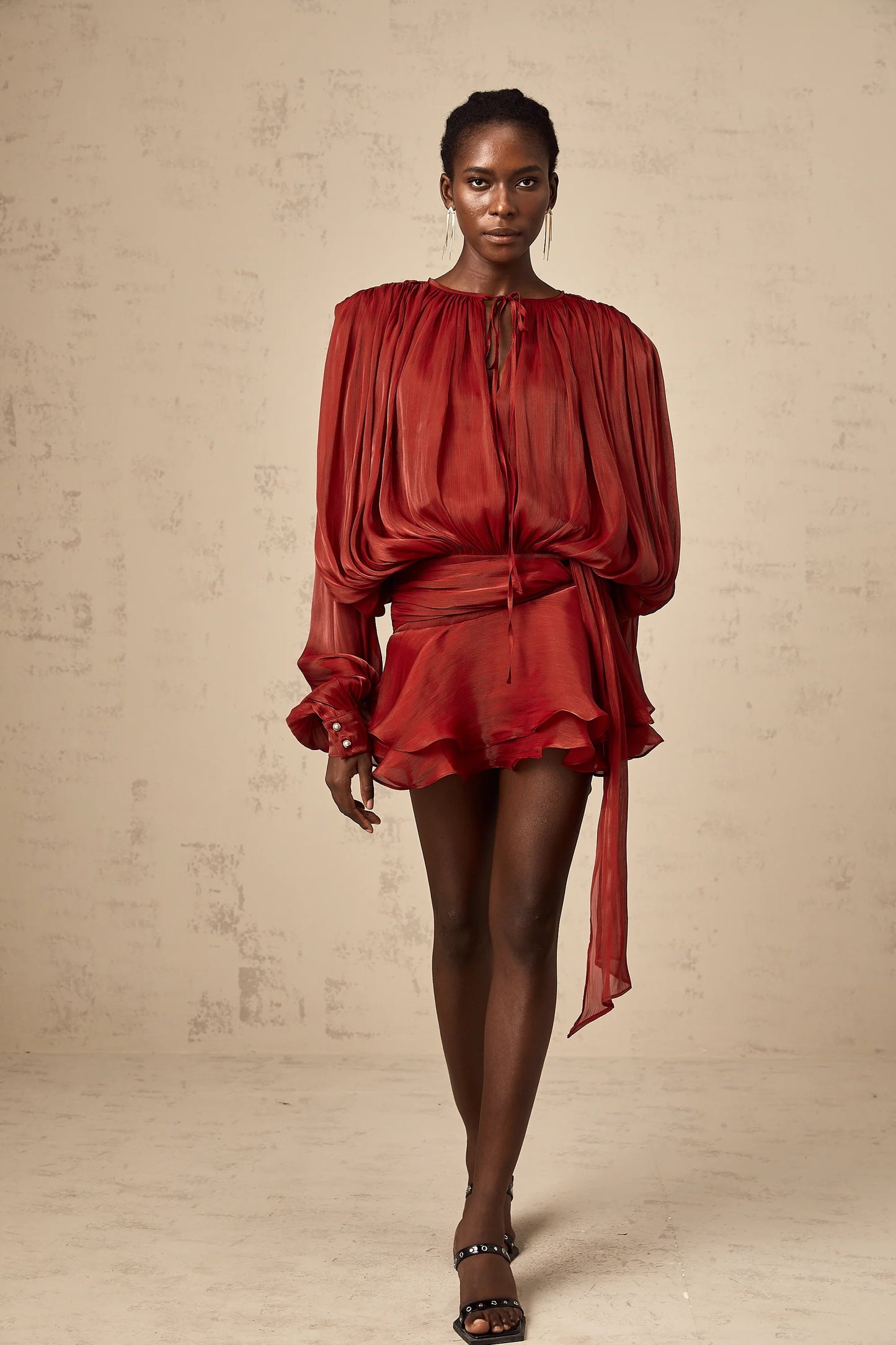 Eugenie Red Fully Pleated Ruffled Mini Dress