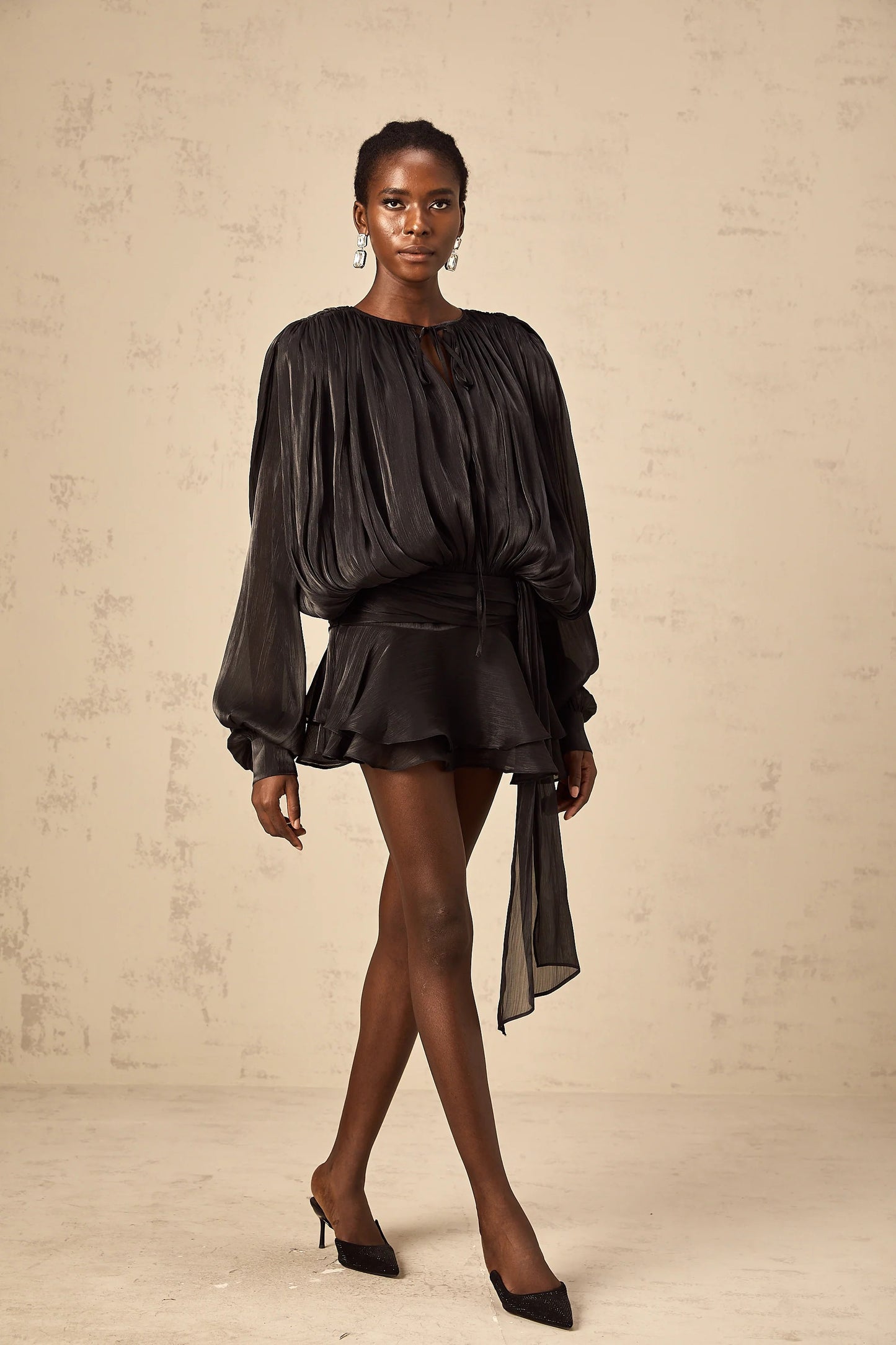 Eugenie Black Fully Pleated Ruffled Mini Dress