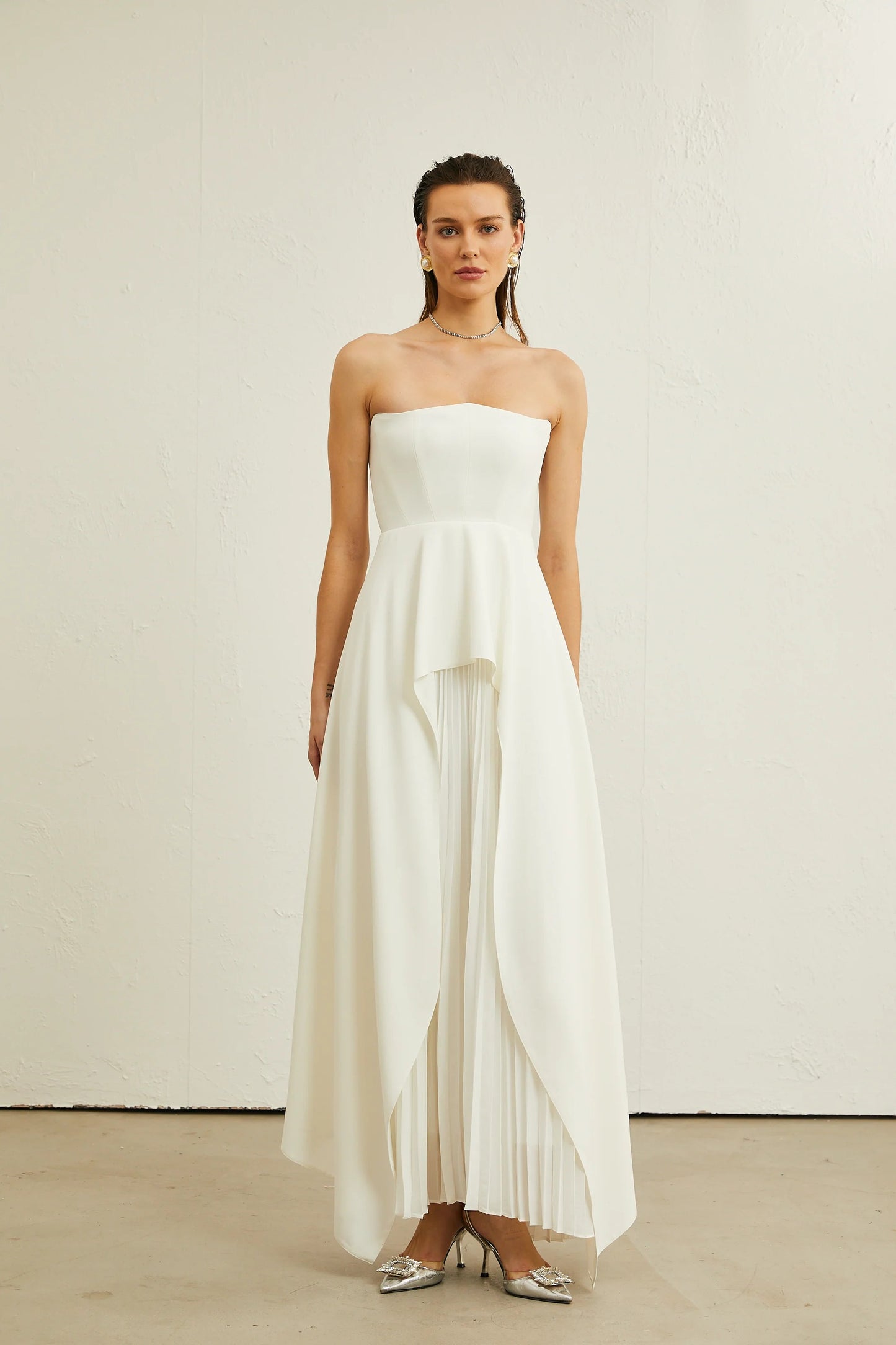 Vanessa White Pleated Off-Shoulder Maxi Dress