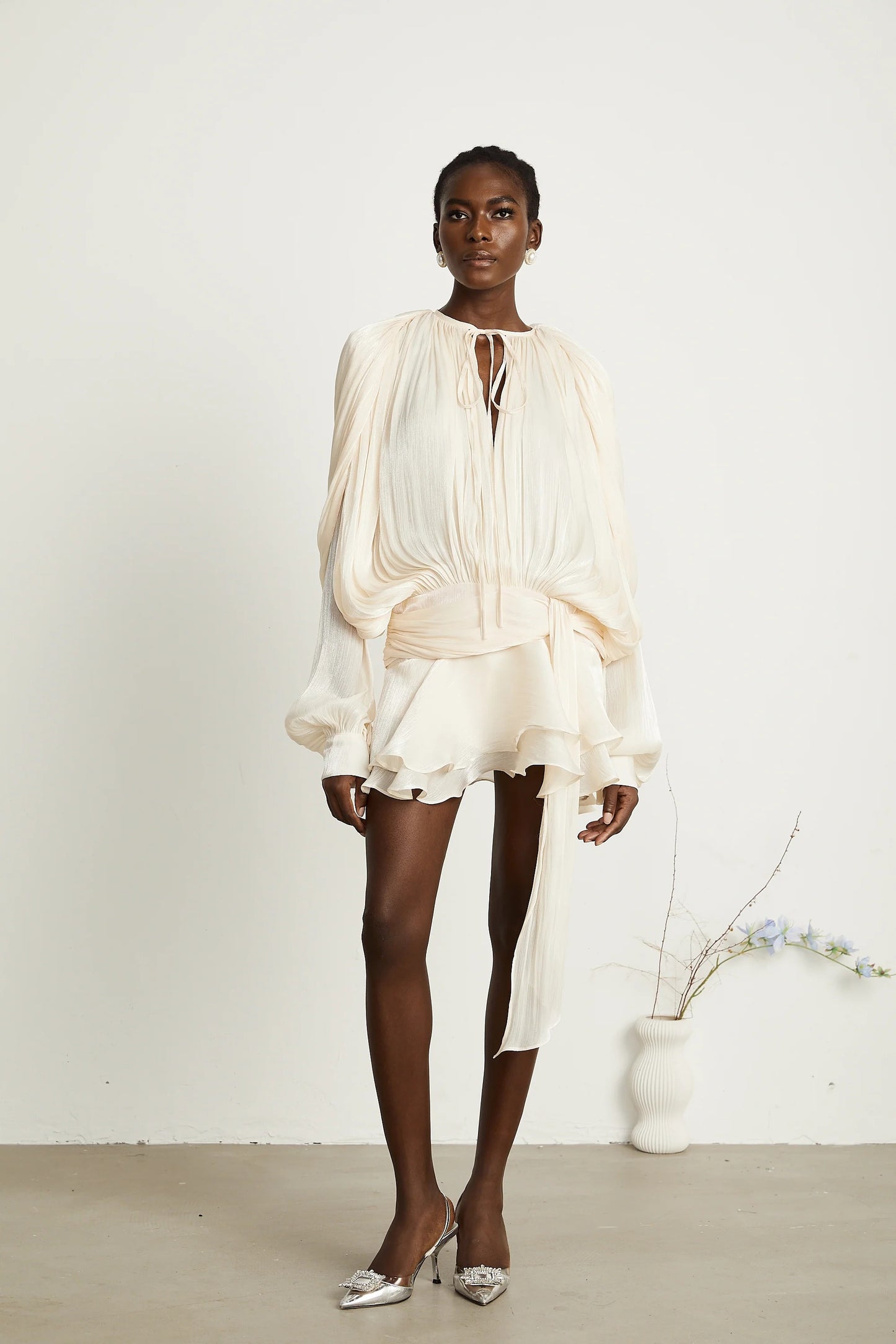 Eugenie Neutral Fully Pleated Ruffled Mini Dress