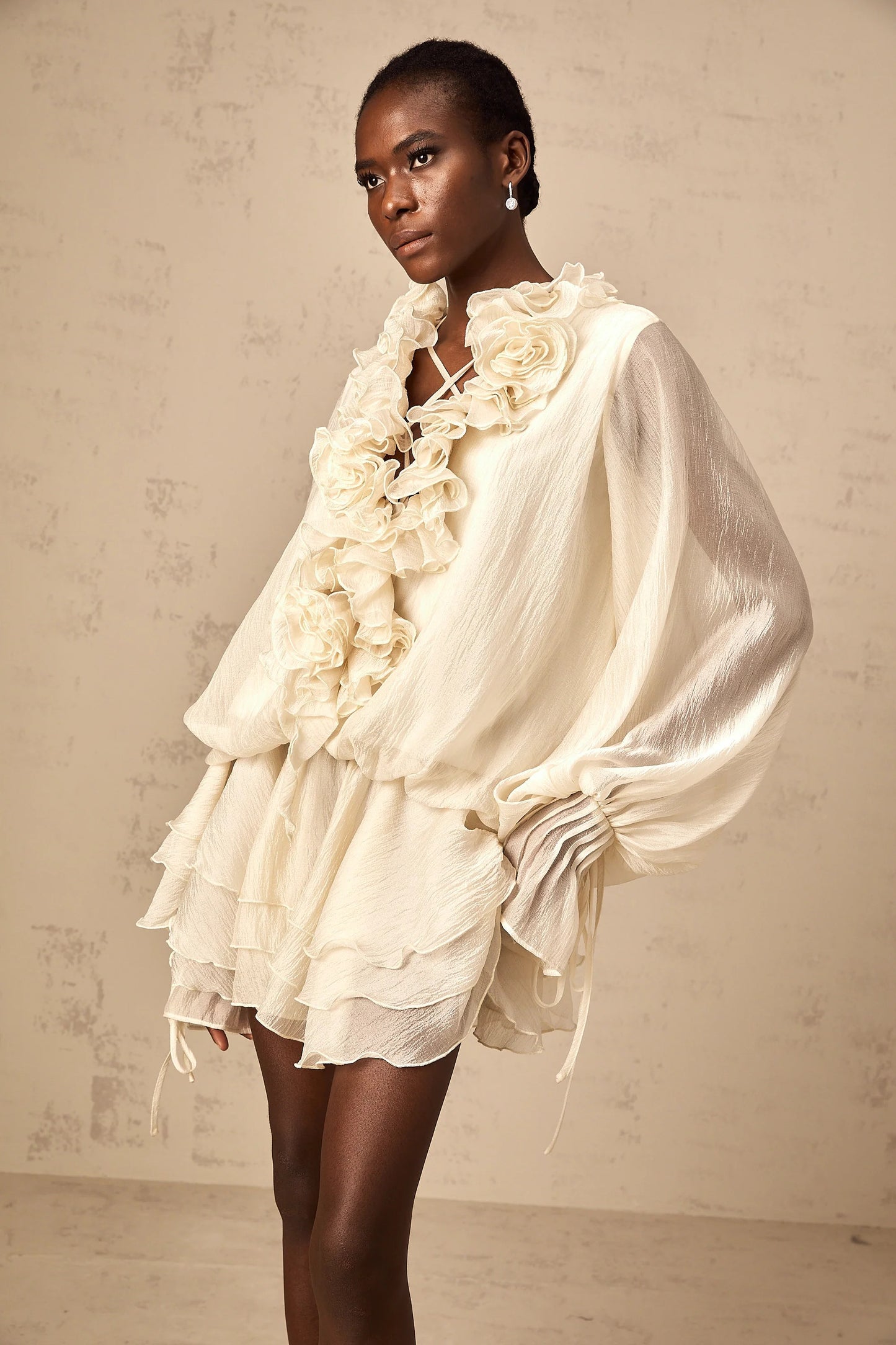 Zephyrine Floral-Applique Tiered Mini Dress in Neutrals