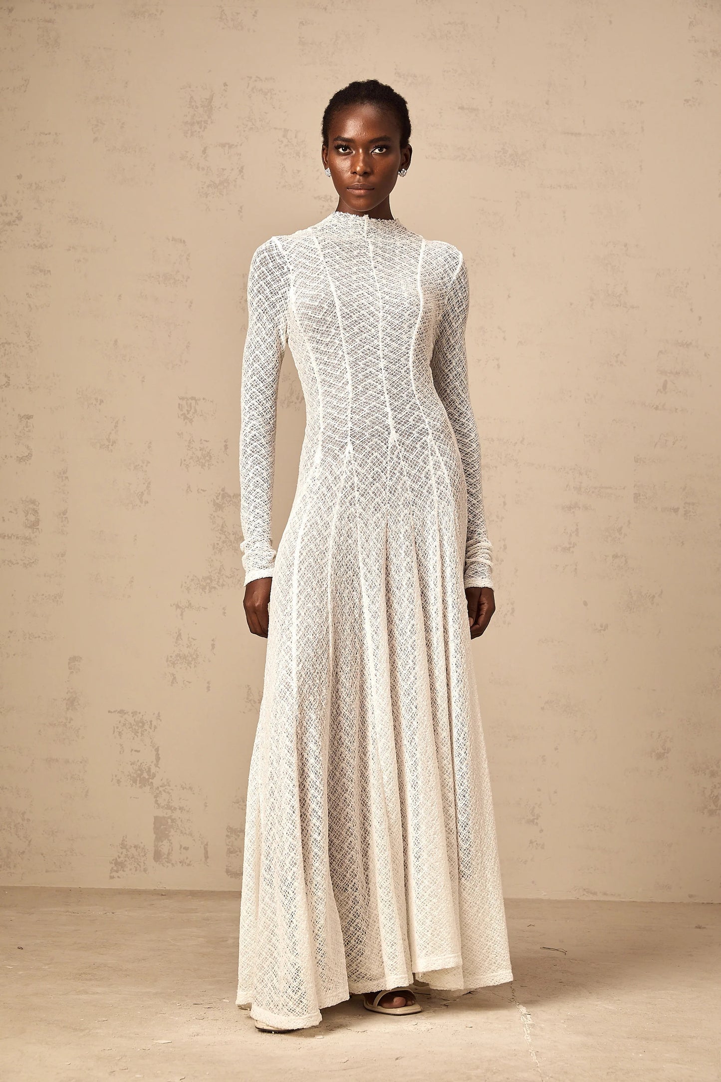 Athena Wavy-Pattern Lace Maxi Dress in White