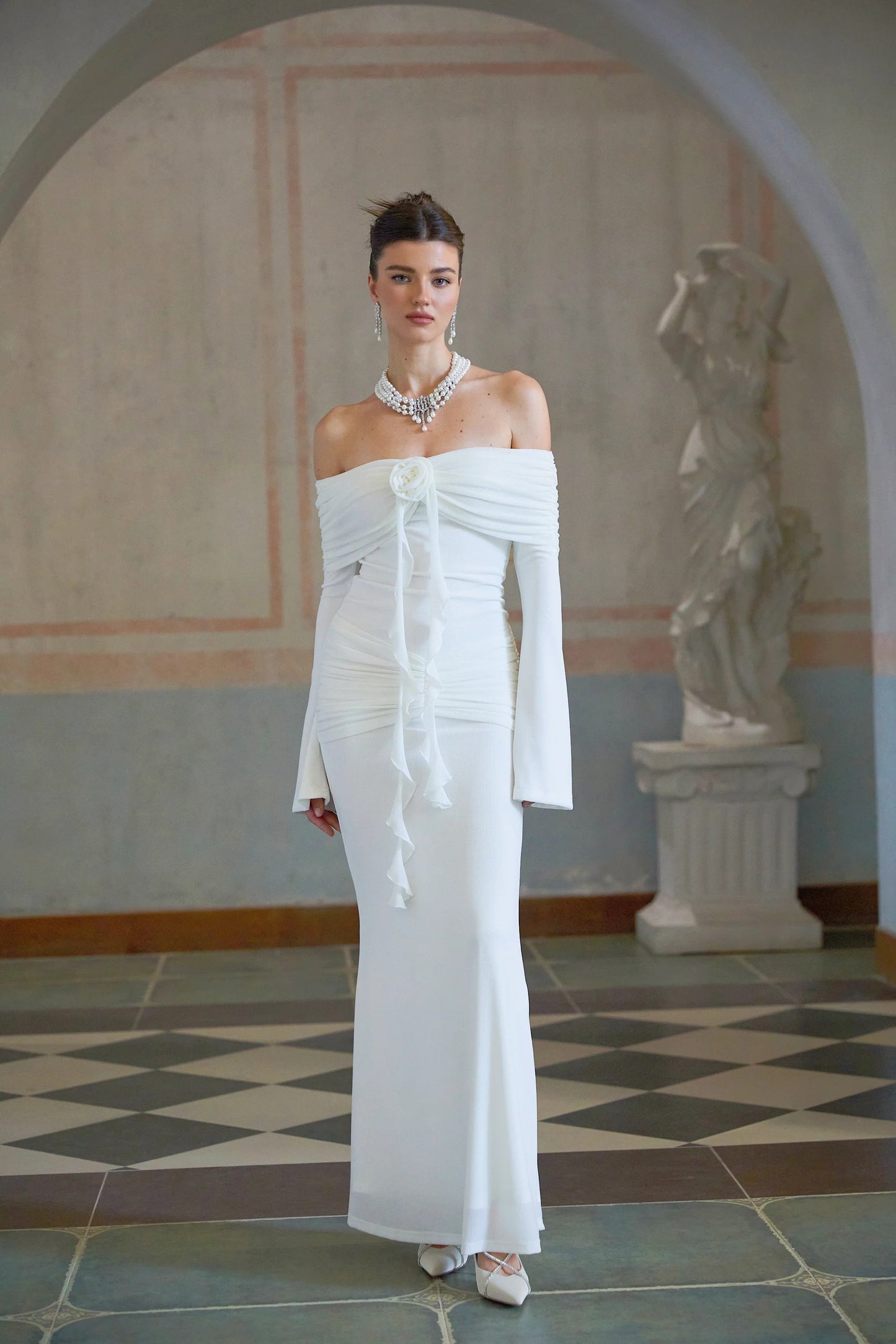 Wanda White Glittered Floral-Applique Knit Maxi Dress