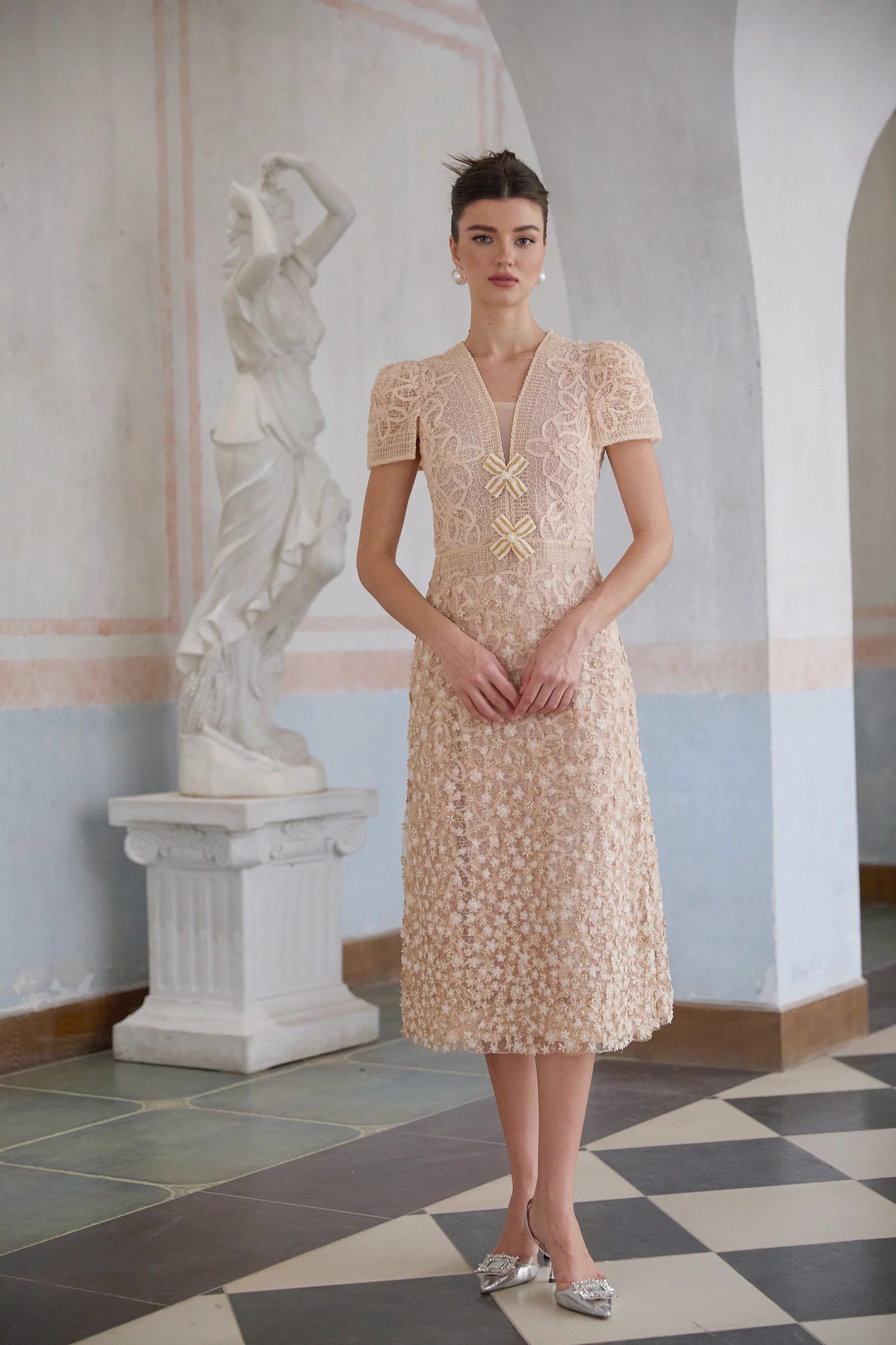 Berengere Neutrals Faux-Flower Crochet Midi Dress