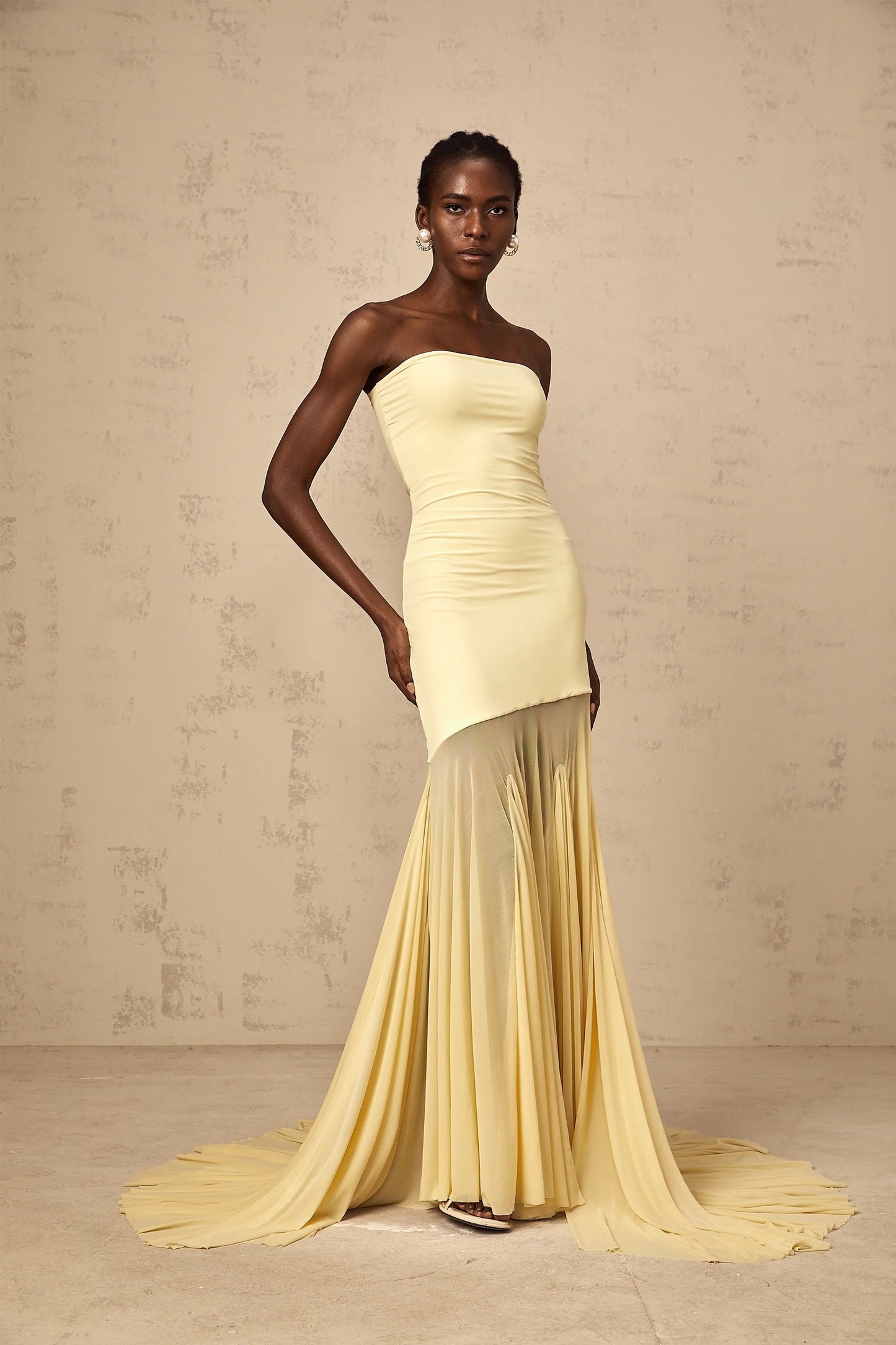 Josiane Yellow Off-Shoulder Sheer Tulle Maxi Dress