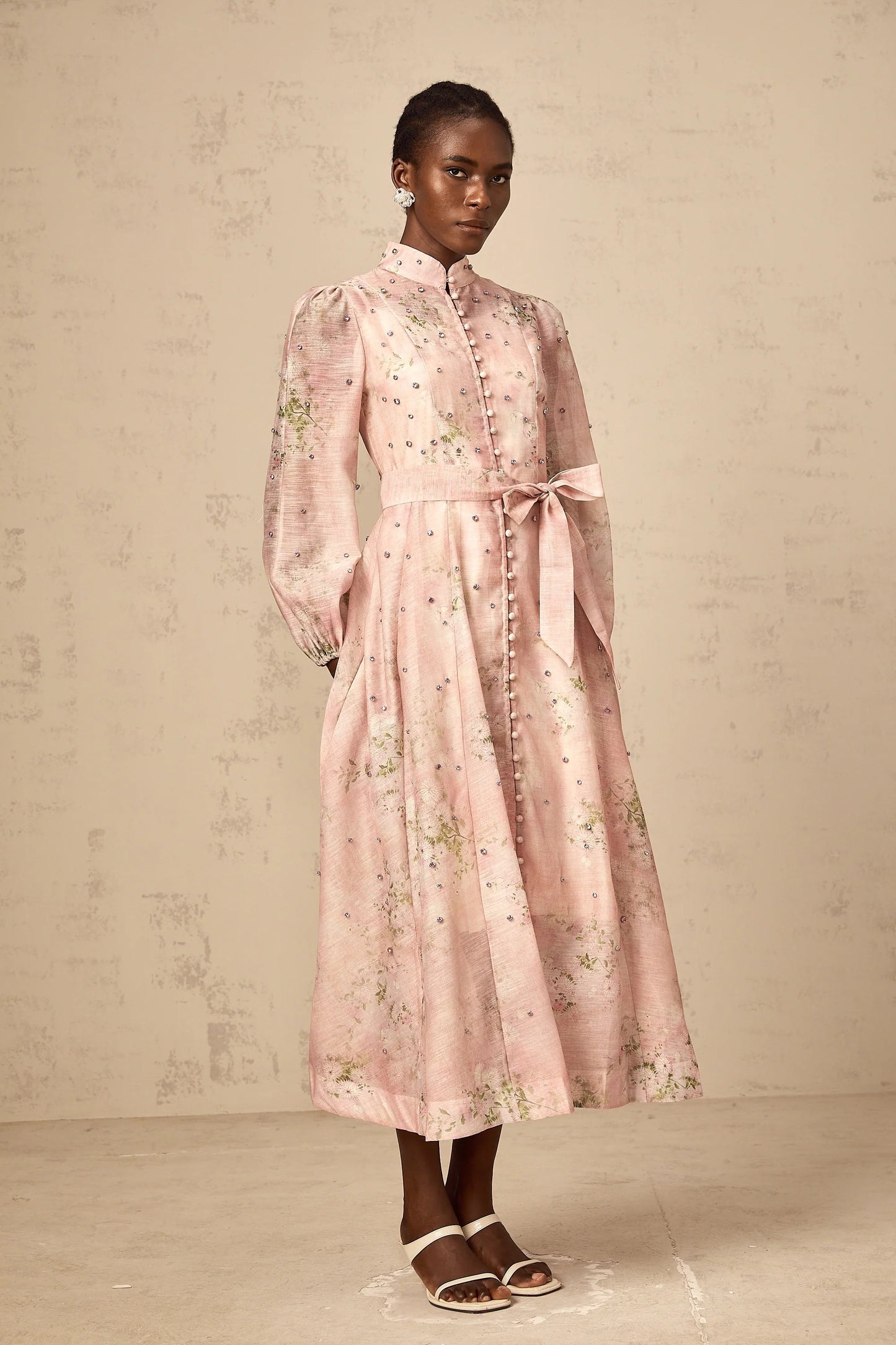 Narcisse Pink Embellished Floral-Print Midi Dress