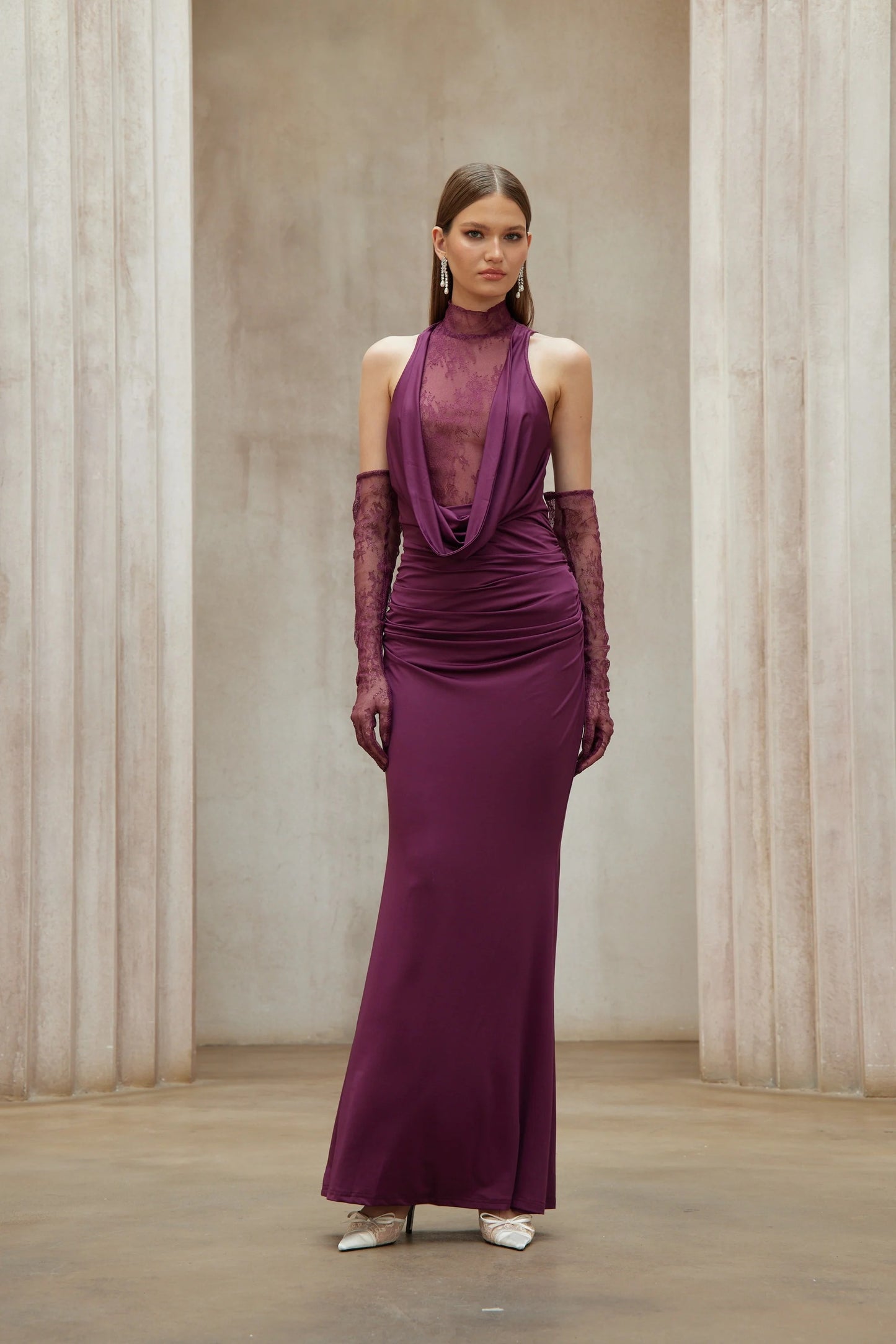 Borbala Magenta Lace Bodice Ruched Maxi Dress