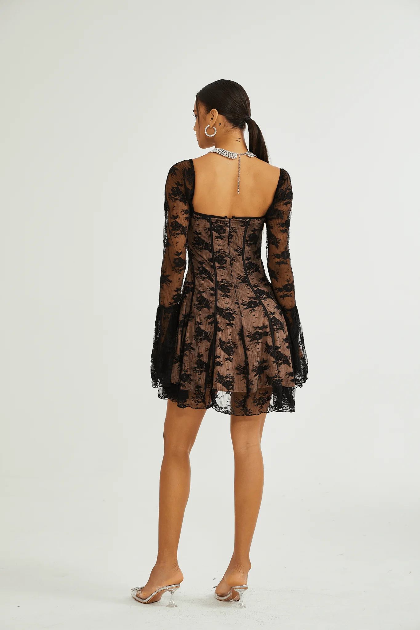 Cyrielle Black Flared-Cuff Long-Sleeved Dress