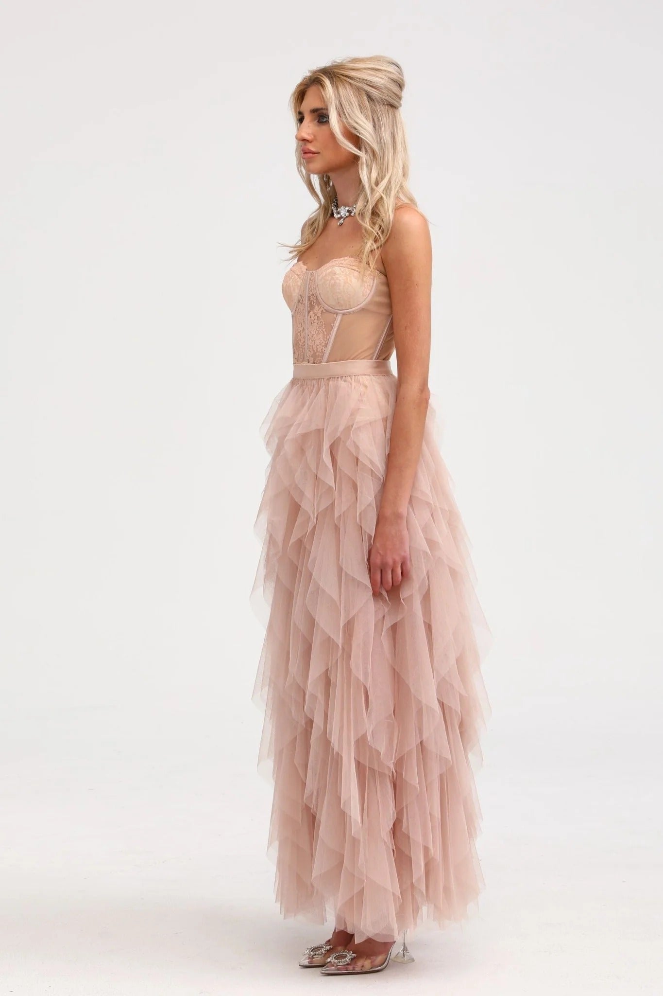Eilis Pink Bustier Mesh Maxi Dress